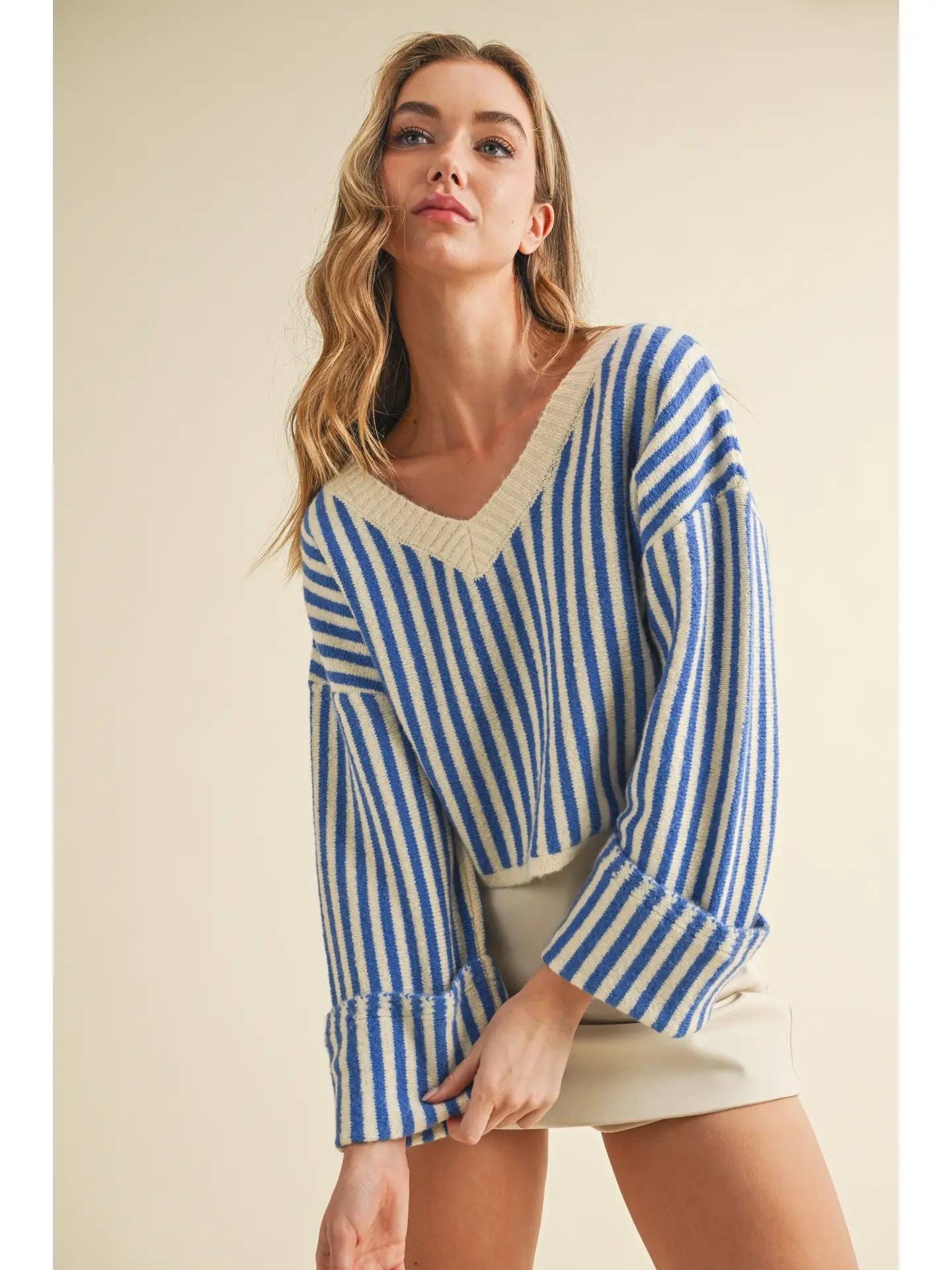 Striped V Neckline Knit Cropped Sweater