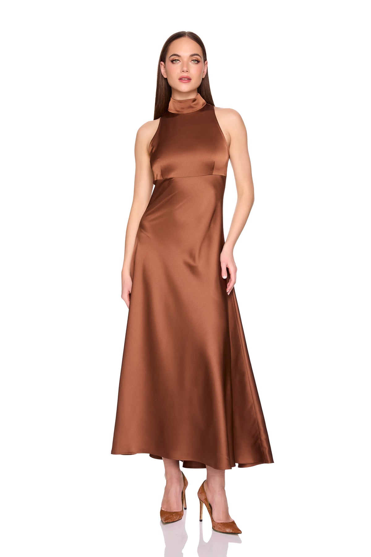 Satin Mock Neck With Long Tie Dress