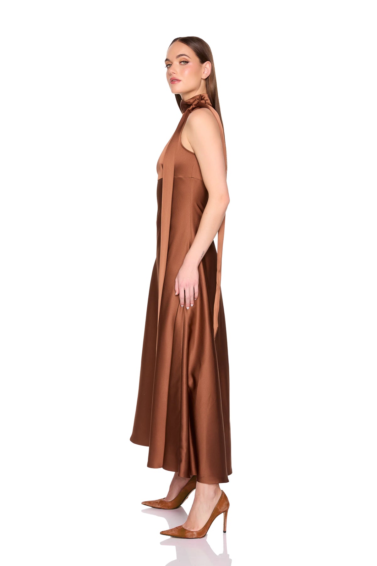Satin Mock Neck With Long Tie Dress