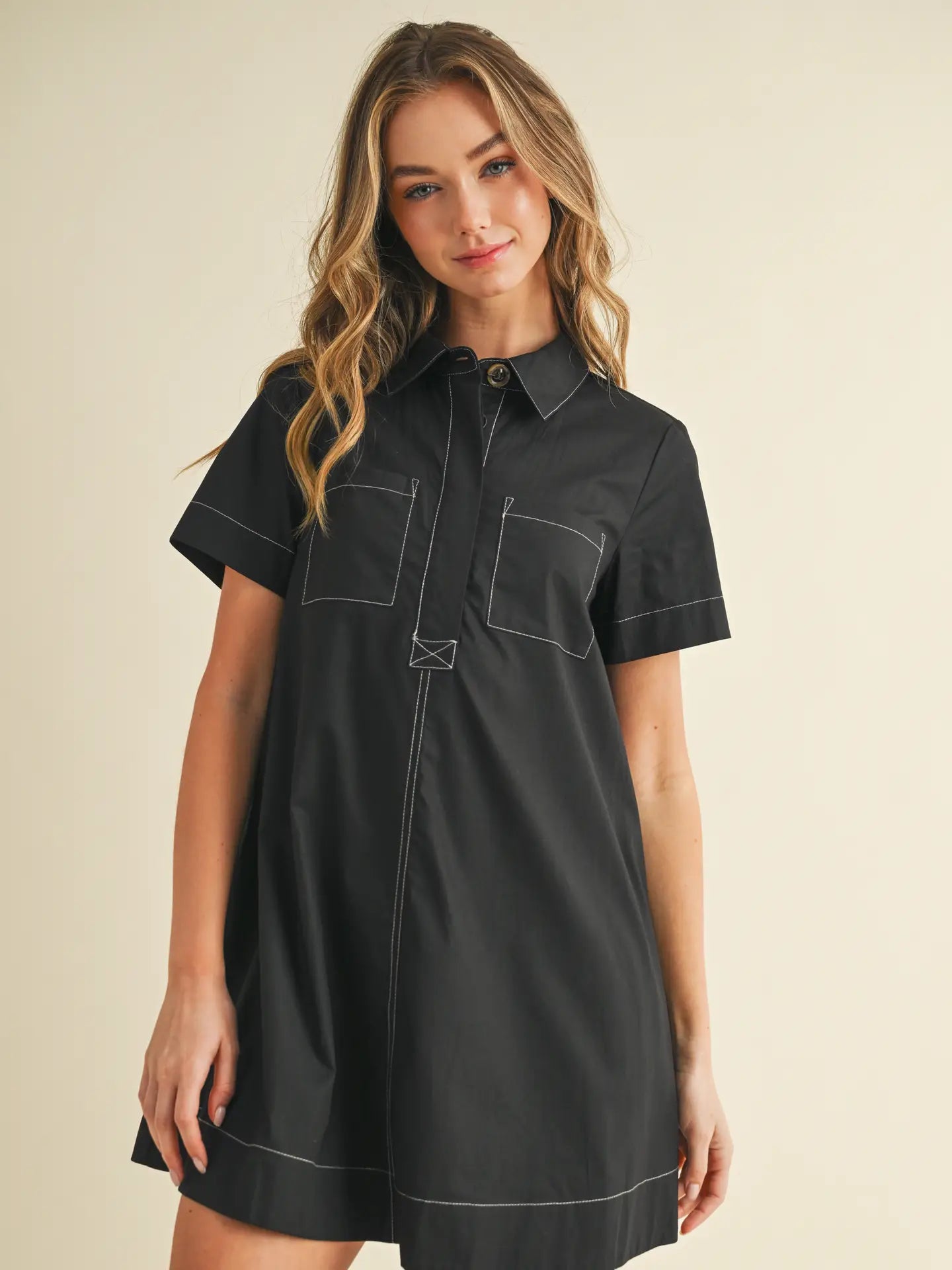 Button Down Bold Contrast Stitching Shirt Dress