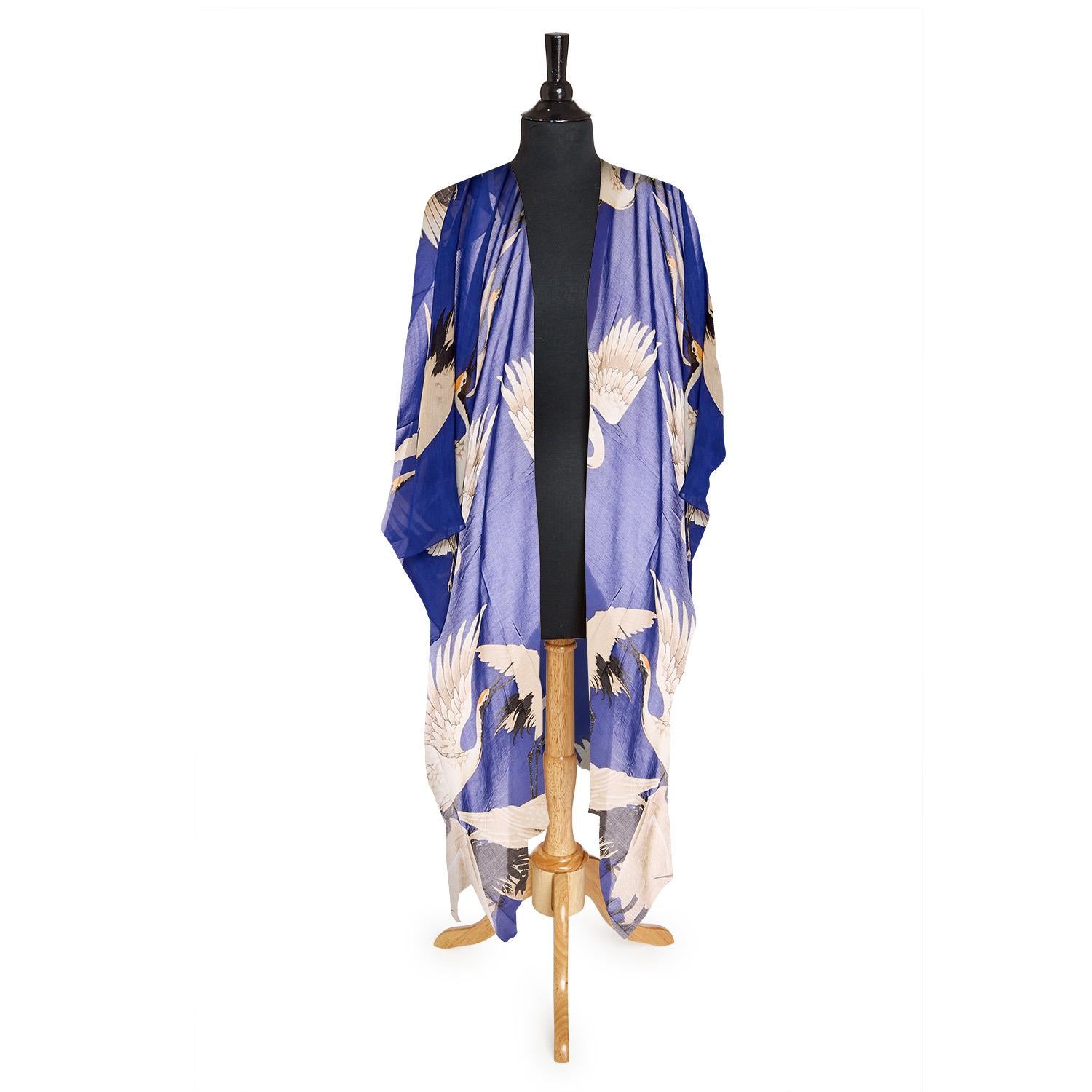 Heron Print Cobalt Long Kimono