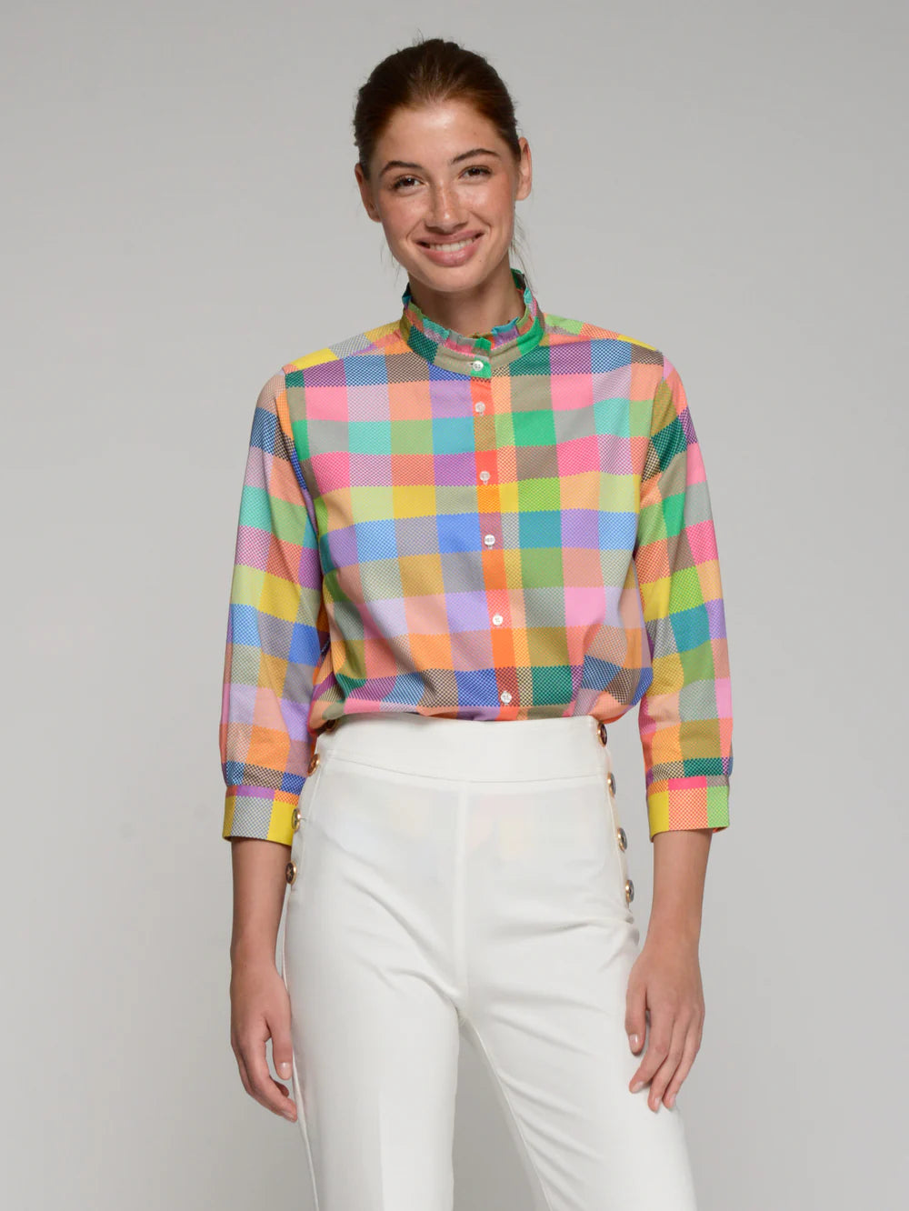 Multicolor Gingham Shirt with Ruffle Neck