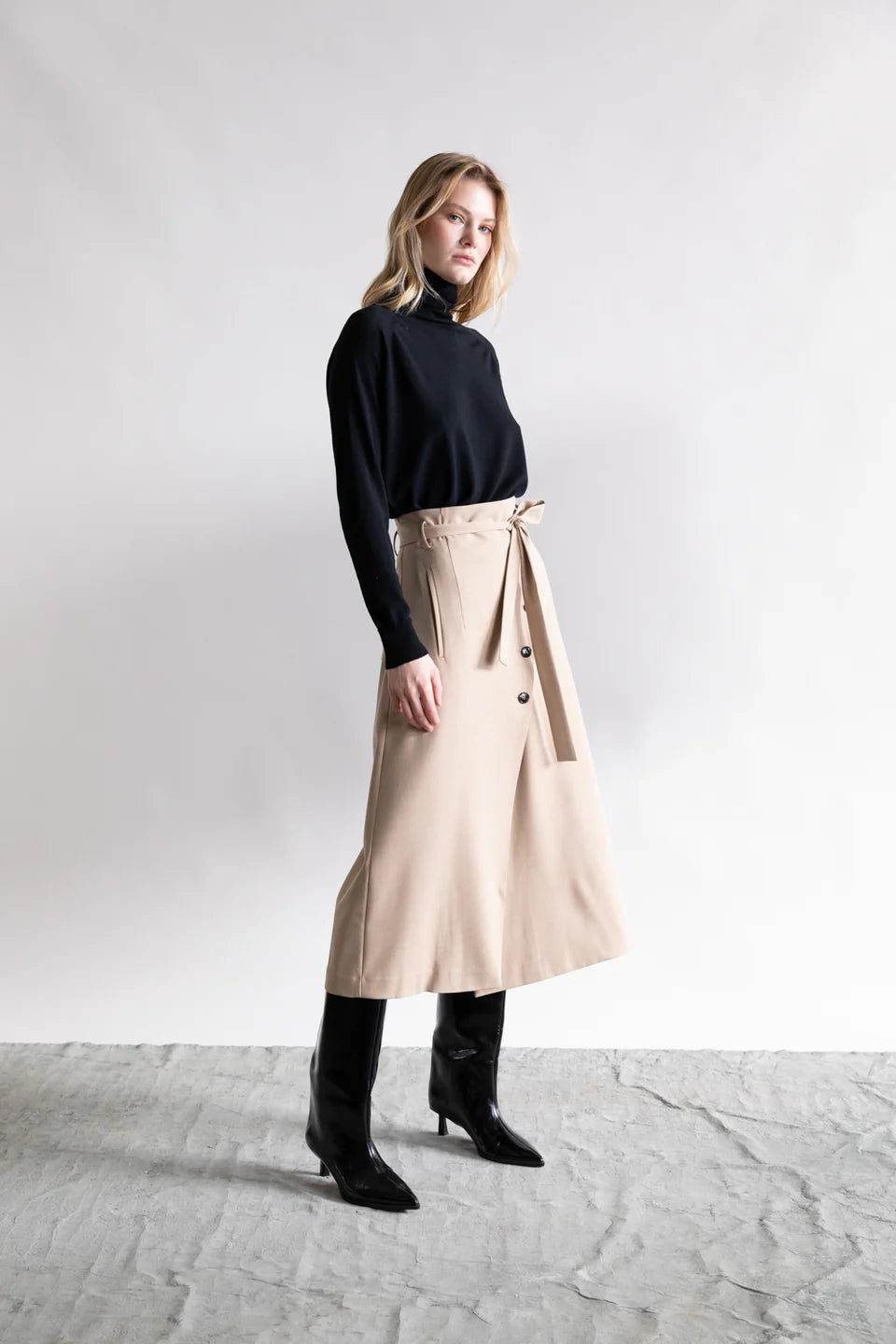 High-Waisted Wrap Skirt with Side Button Detail