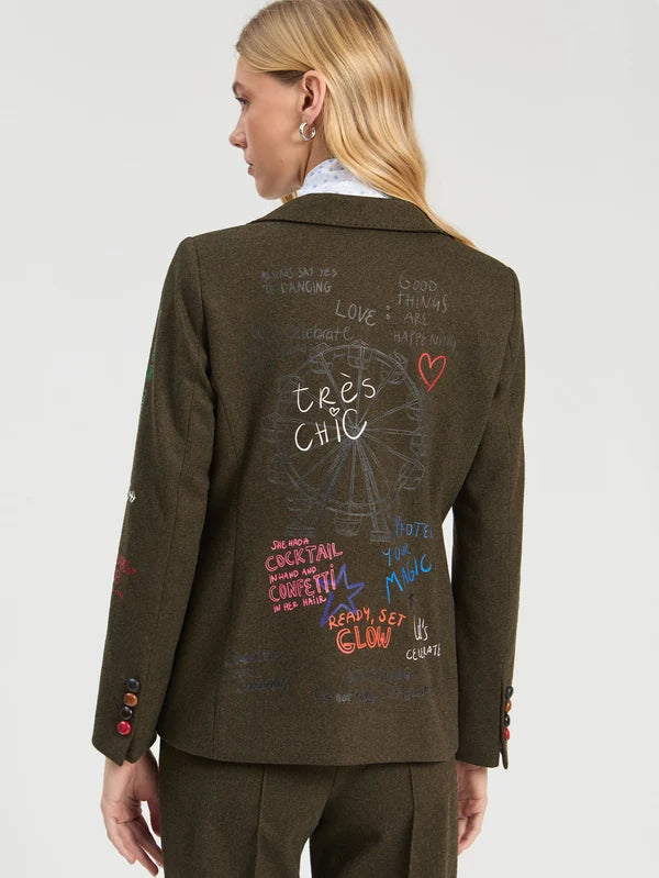 Vilagallo Heathered Green Graffiti Print Blazer