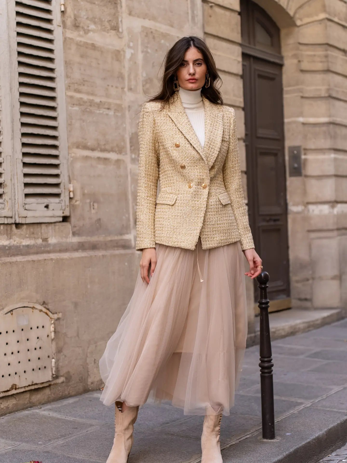 Gold Tweed & Sequins Double-Breasted Blazer