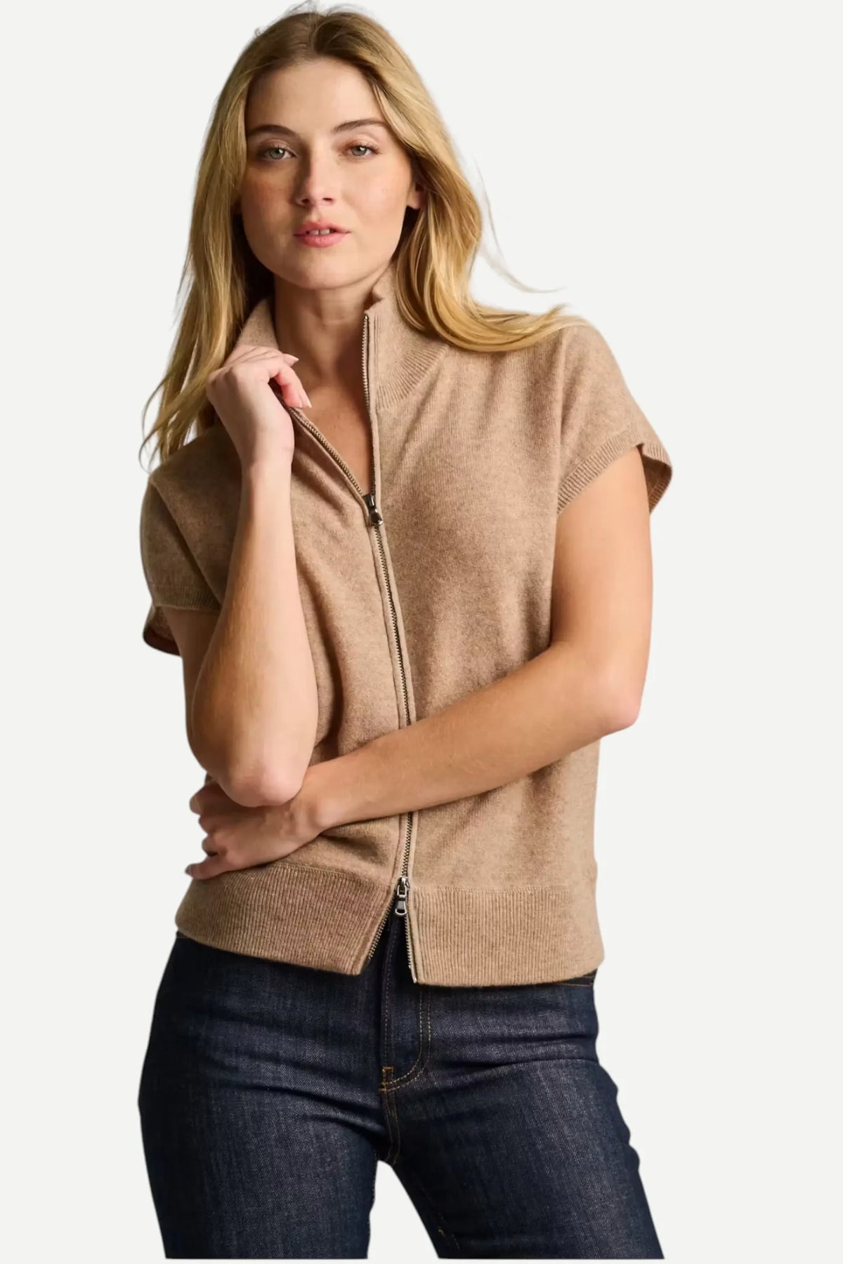 Pure Zip Cashmere in Biscuit