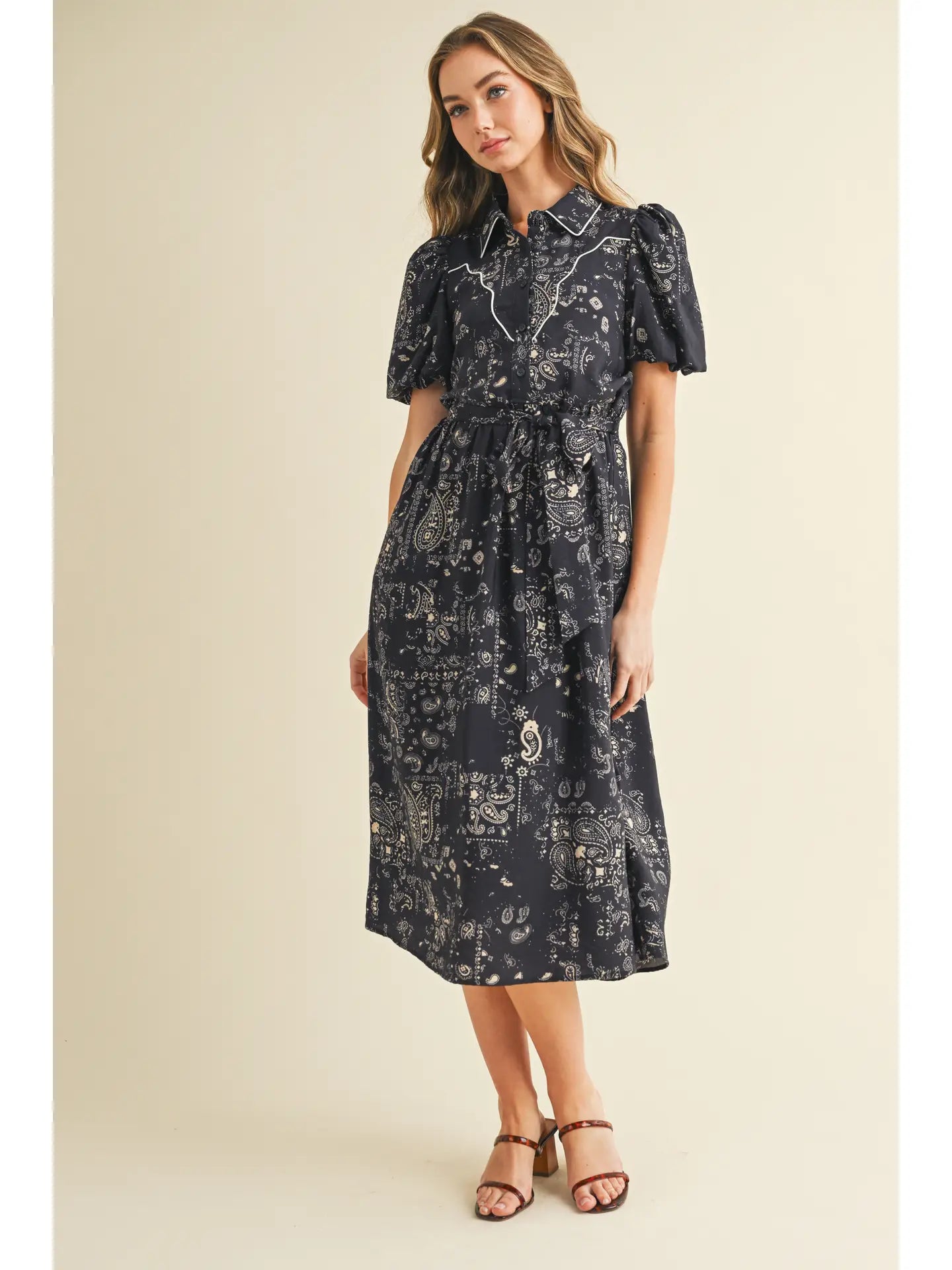 Paisley Print Contrast Piping Detail Midi Dress
