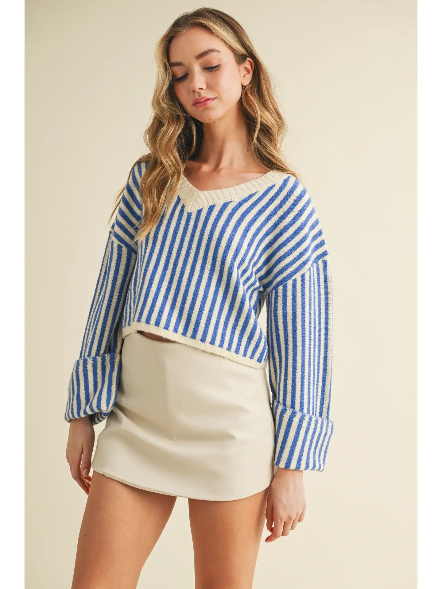 Striped V Neckline Knit Cropped Sweater