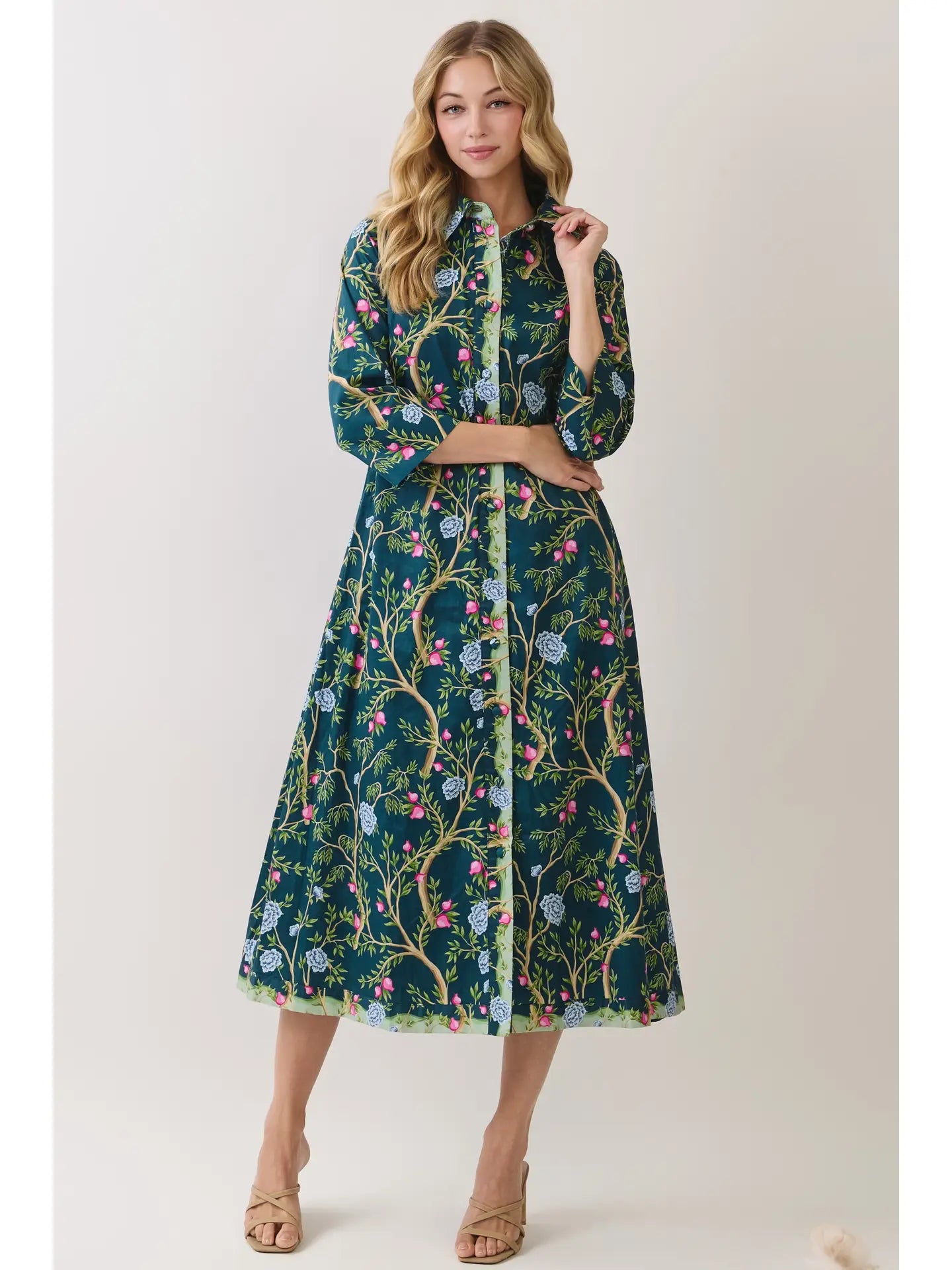 Botanical Print Button Front Midi Dress