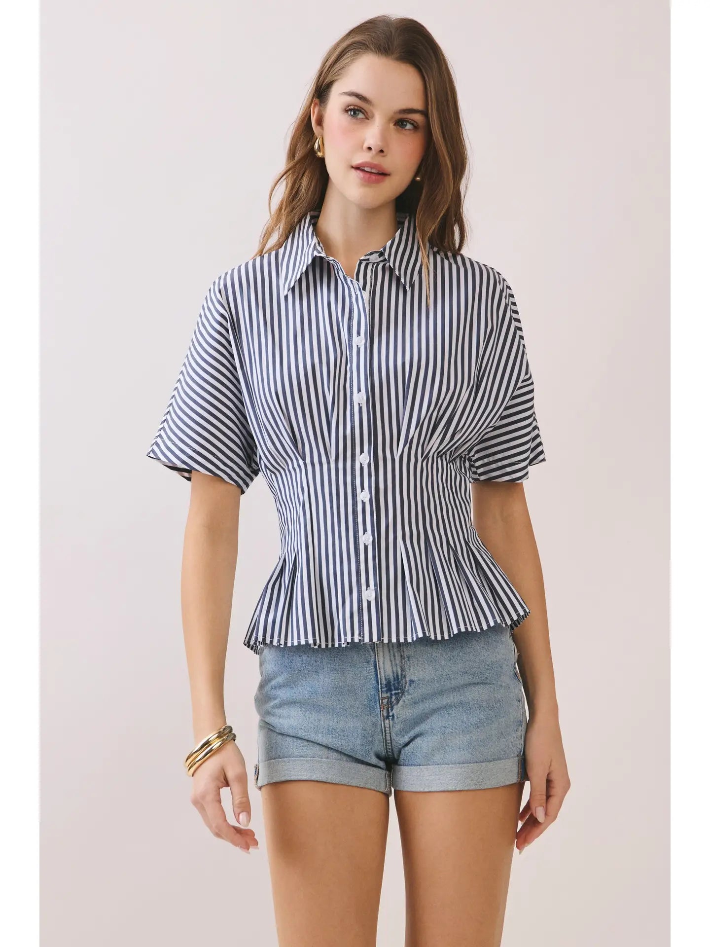 Striped Short Sleeve Peplum Button-Up Shirt