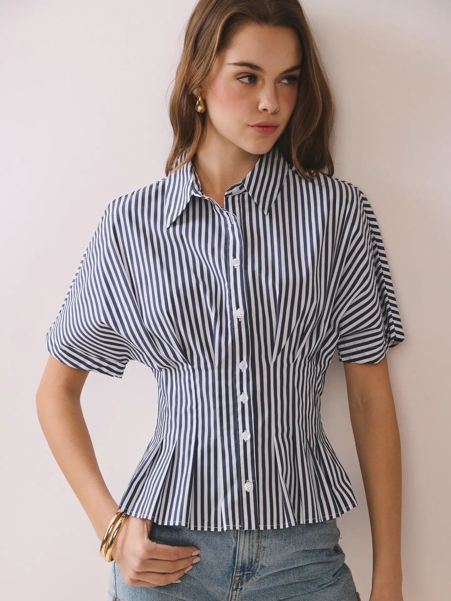 Striped Short Sleeve Peplum Button-Up Shirt