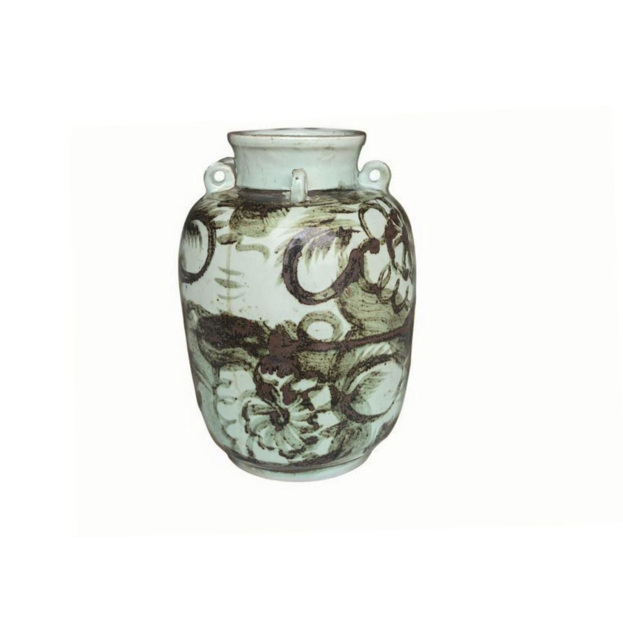Barclay Butera Couture Rustic Brown & White.. Porcelain Ear Loop Jar