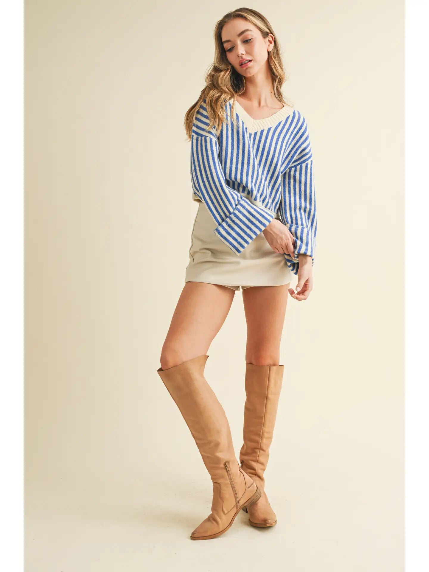 Striped V Neckline Knit Cropped Sweater