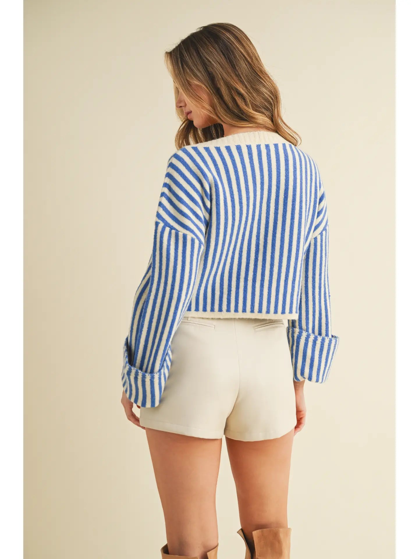 Striped V Neckline Knit Cropped Sweater