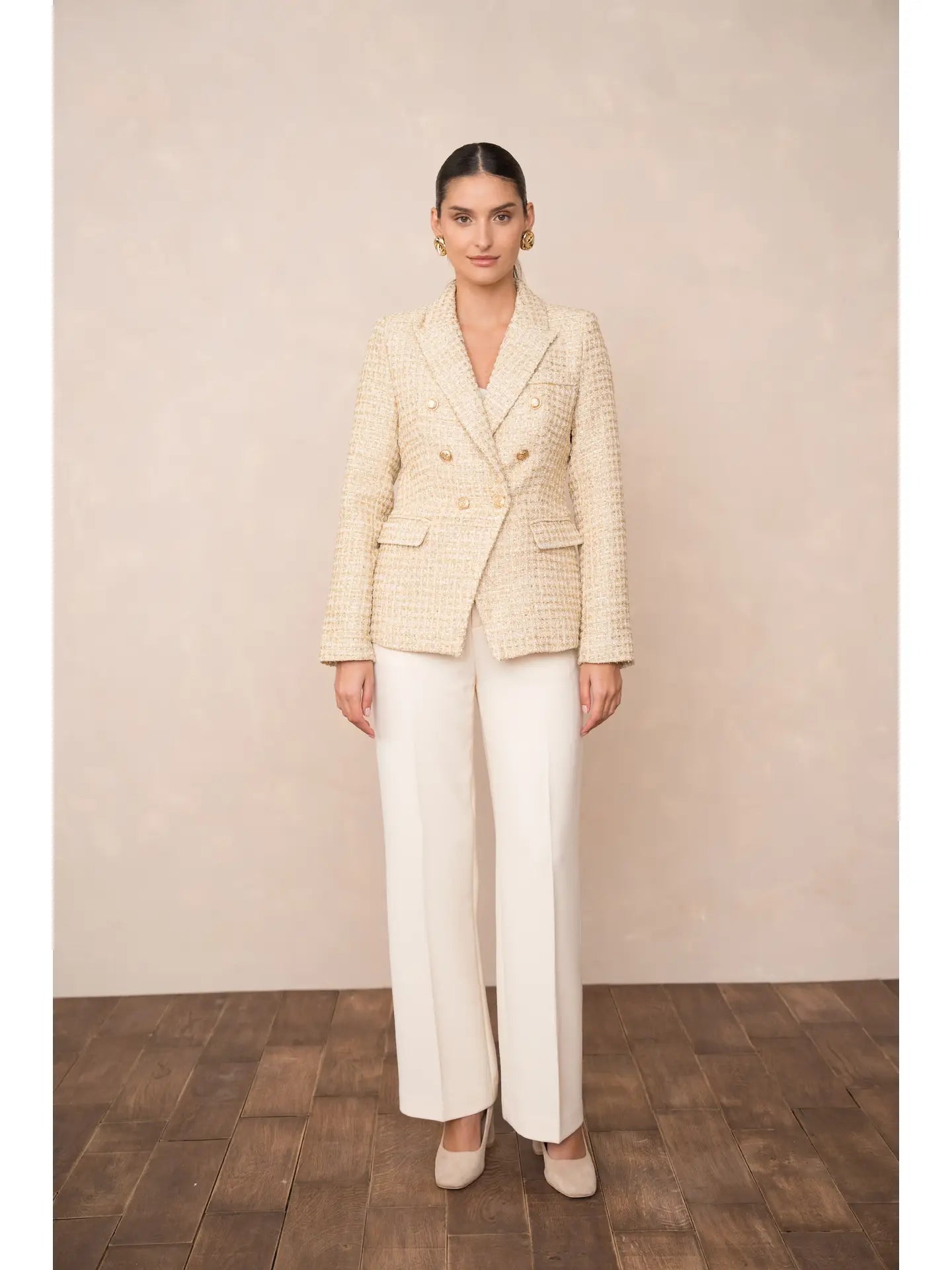 Gold Tweed & Sequins Double-Breasted Blazer