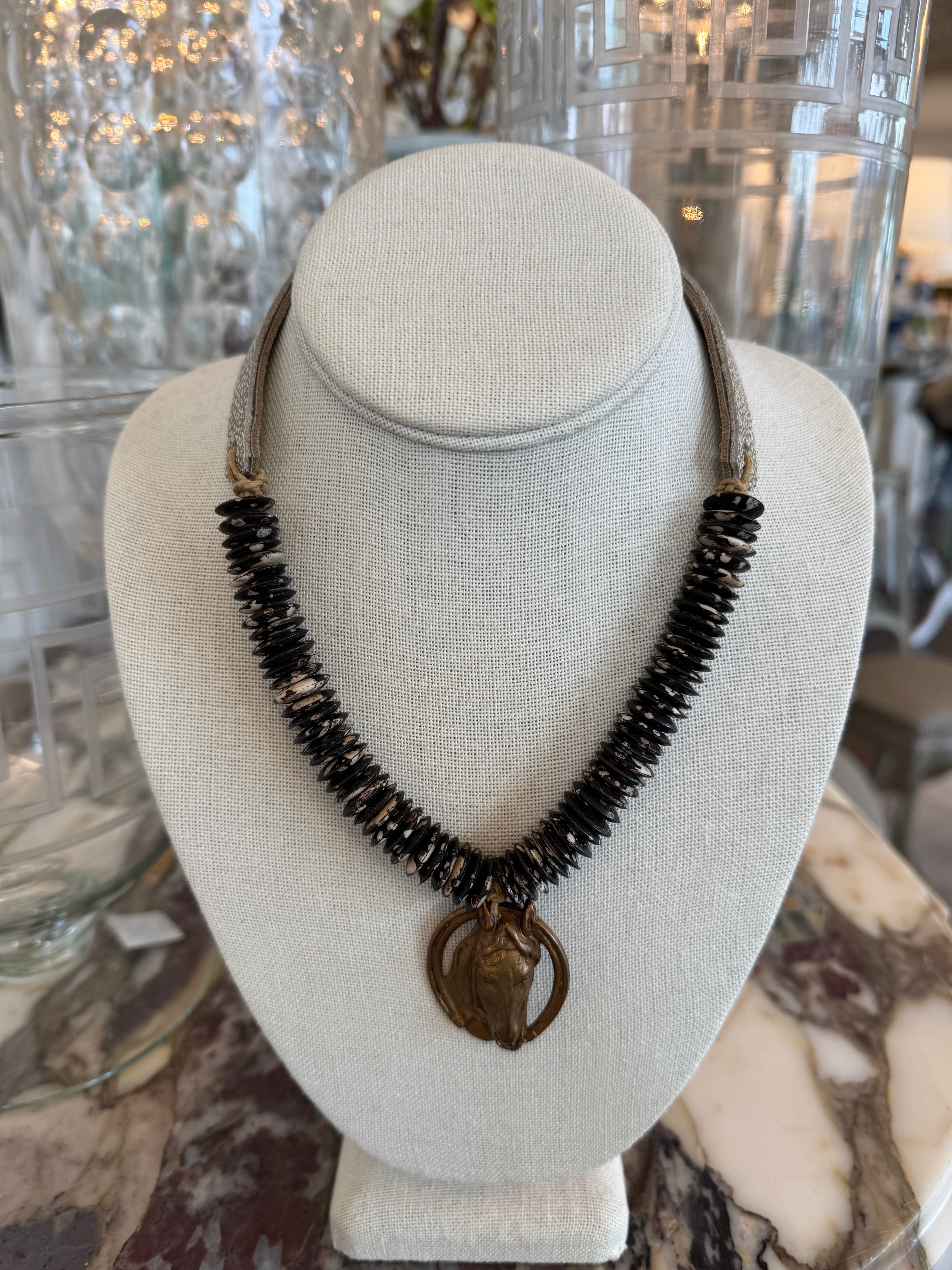 Bead & Leather Necklace with Horse Head Pendant