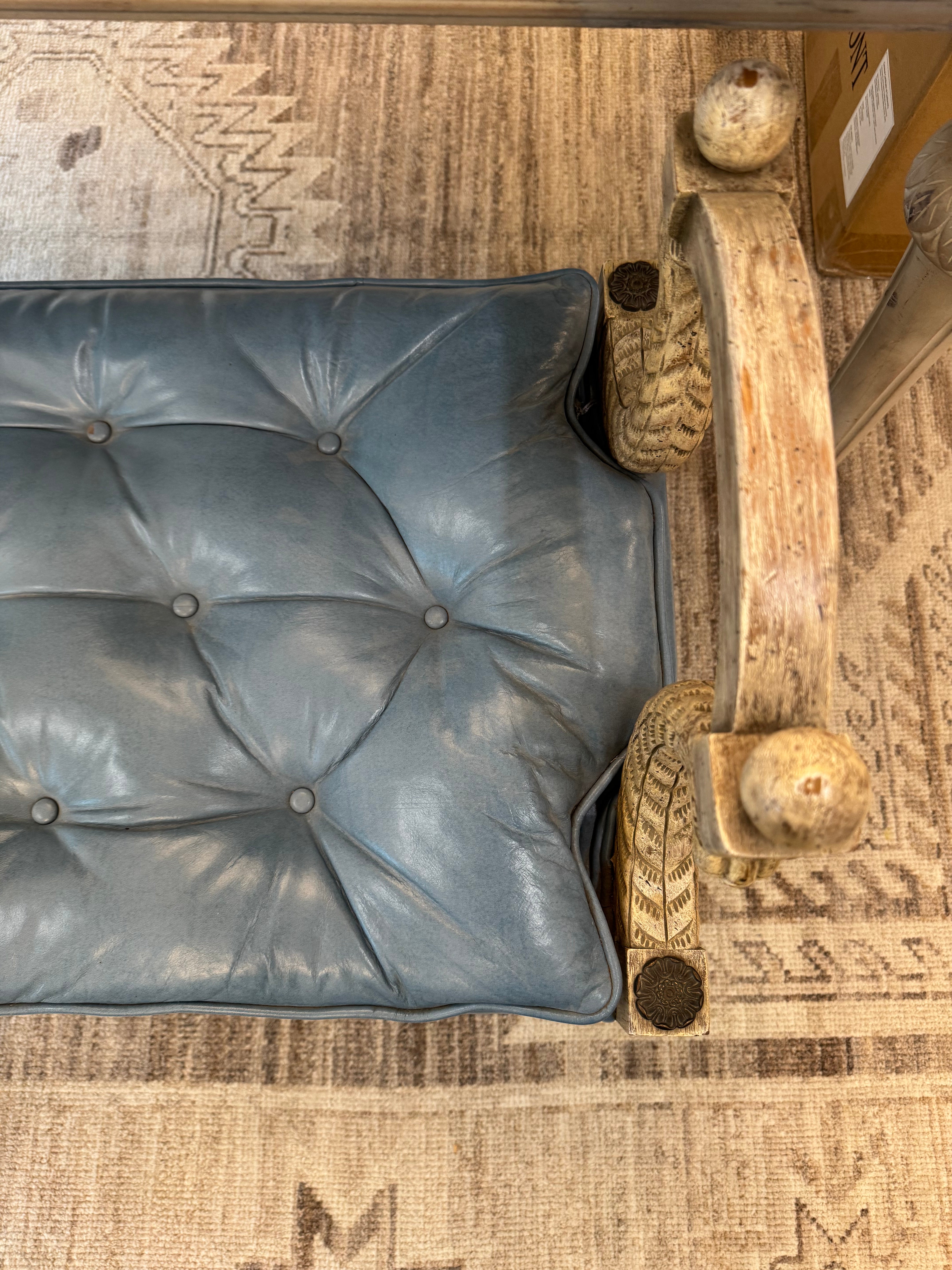 Antique Bench with Blue Leather