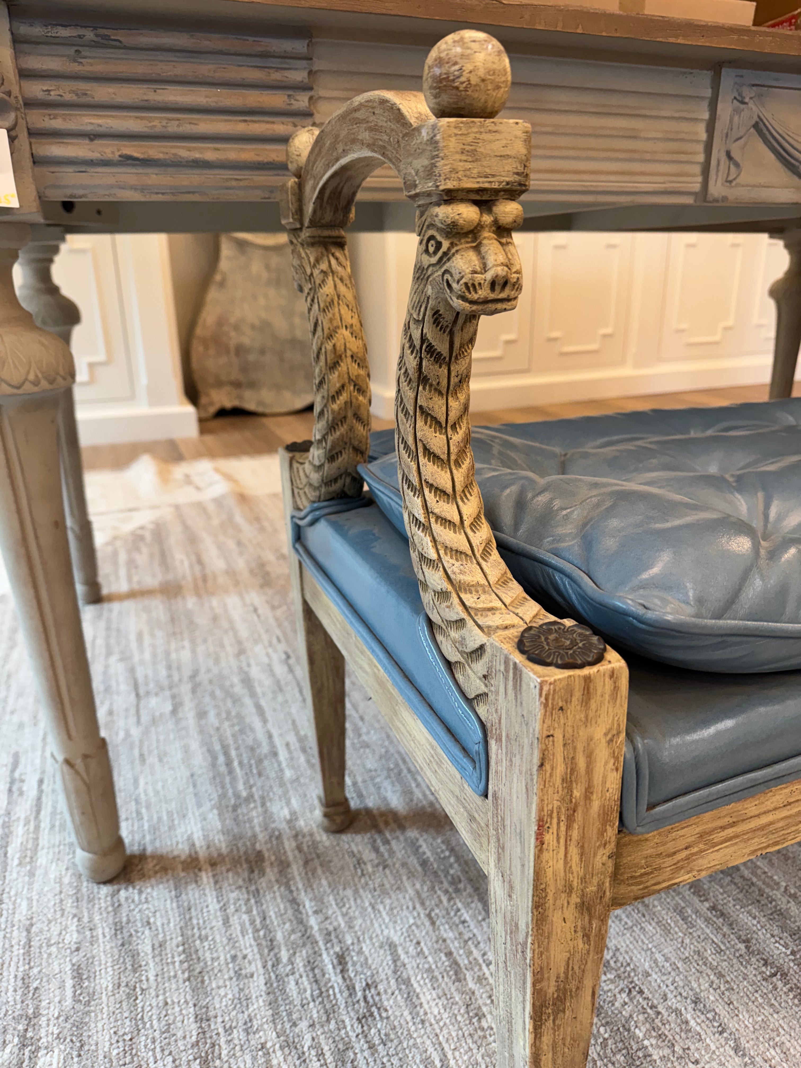 Antique Bench with Blue Leather