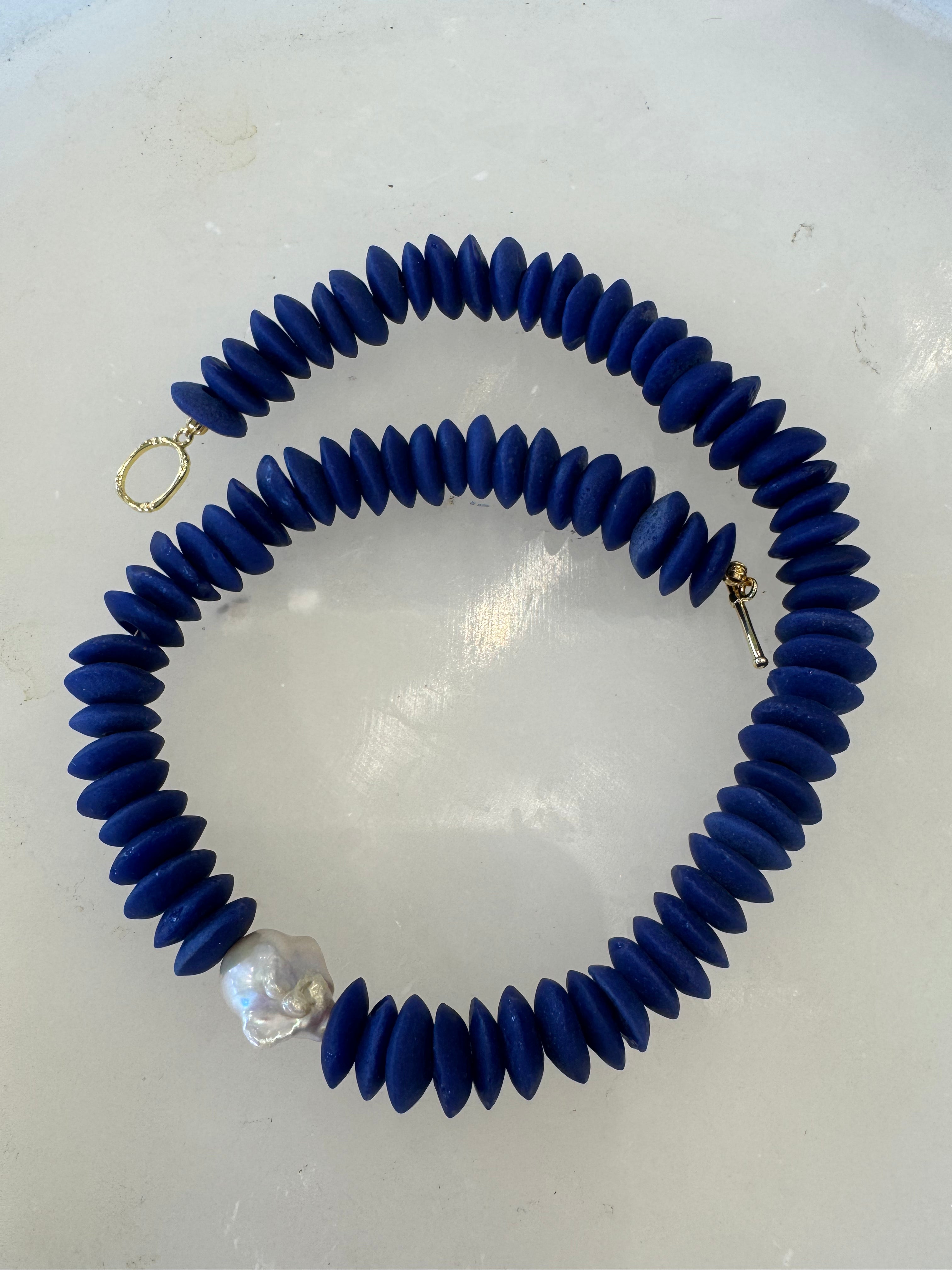 Dark Blue African Beads with Asymmetrical Pearl