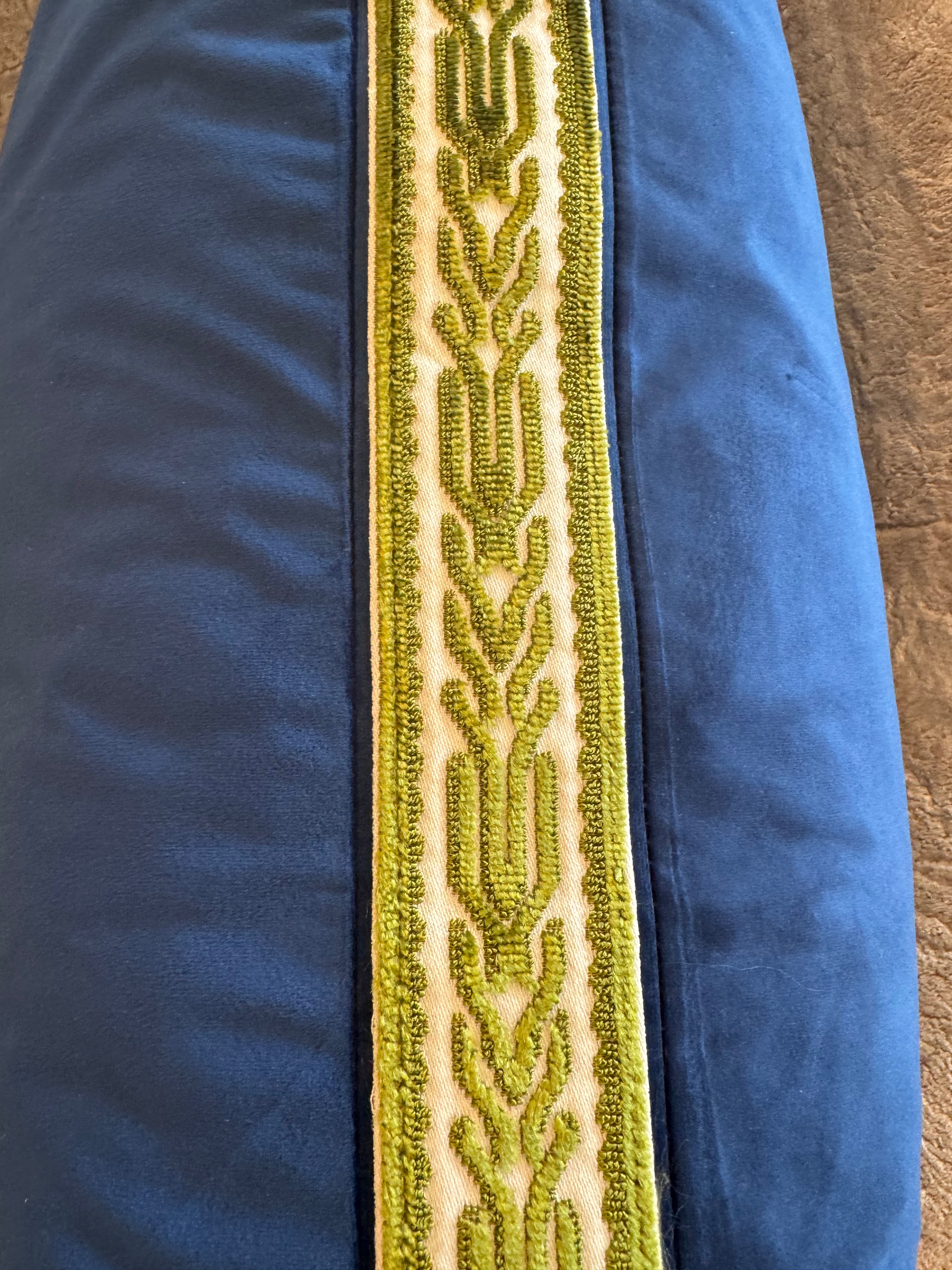 Navy Velvet Pillow with Green Embroidery