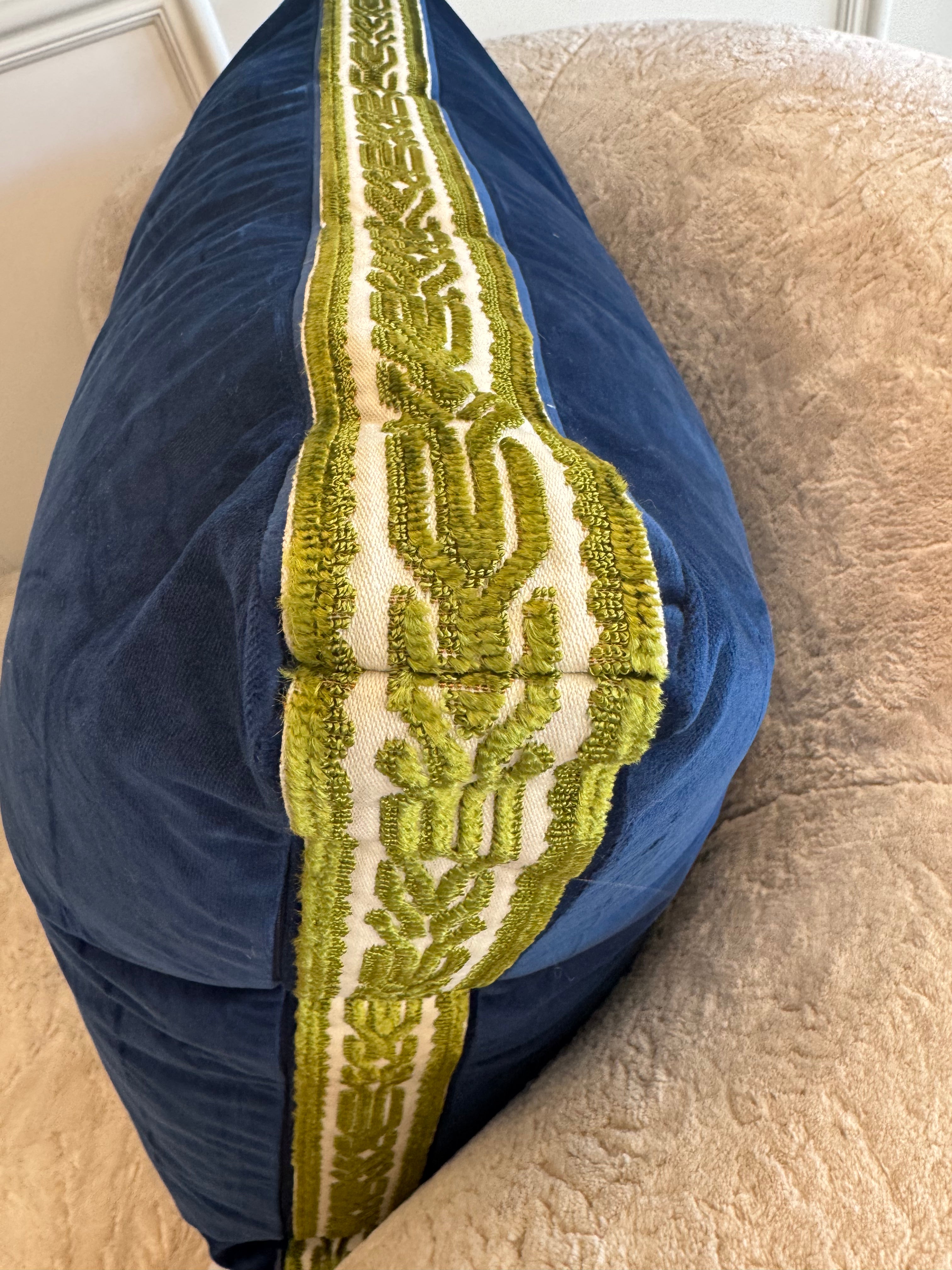Navy Velvet Pillow with Green Embroidery