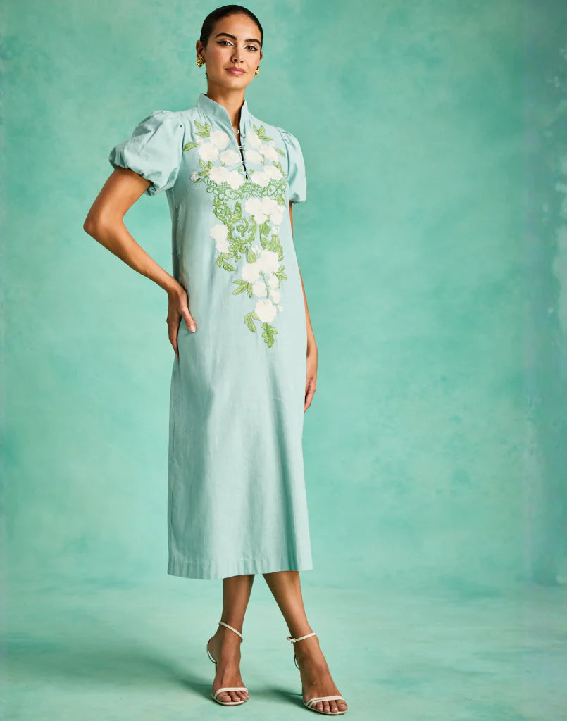 Elliana Midi Dress in Aquarelle Blue