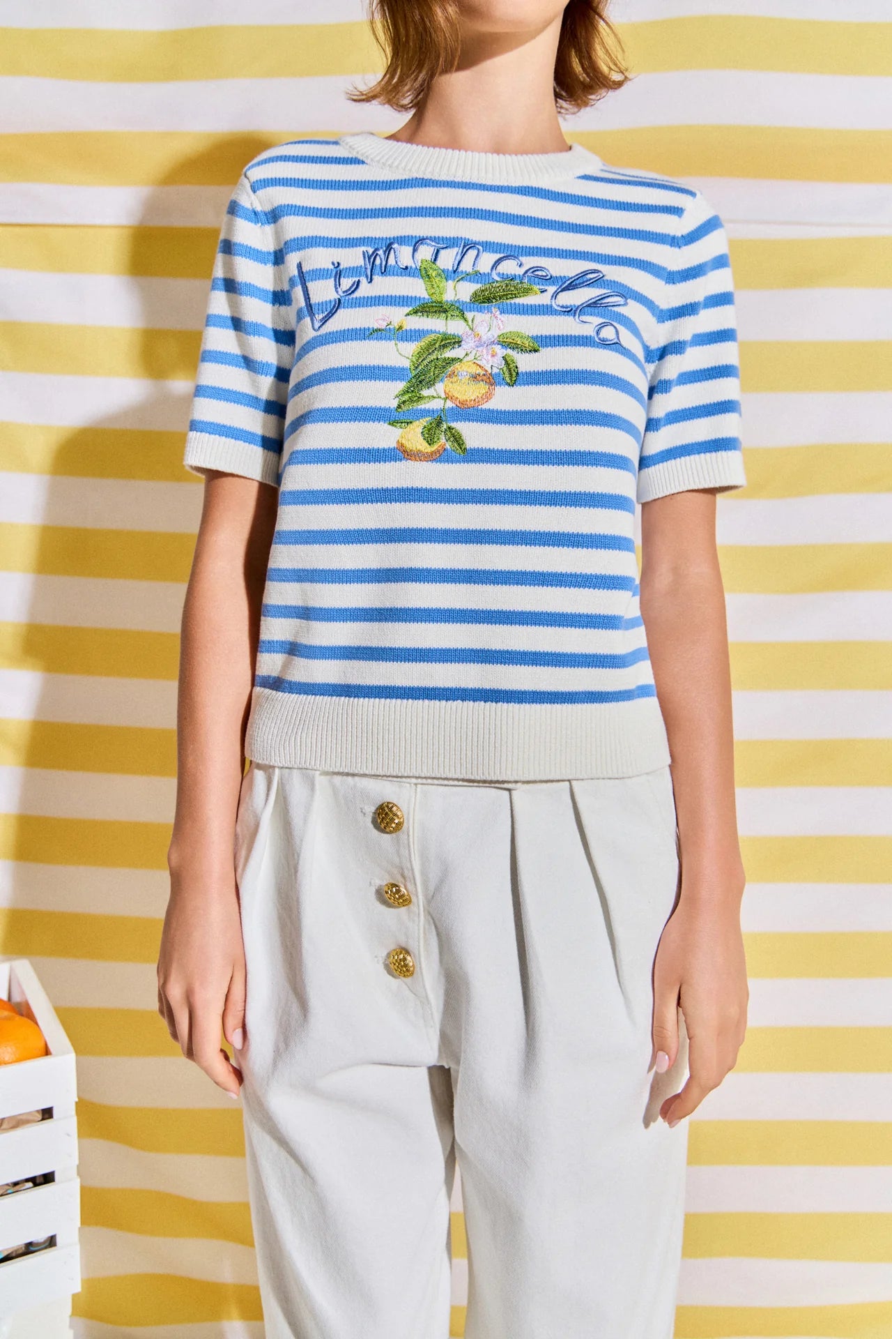 Striped Lemon Embroidered Short Sleeve Sweater