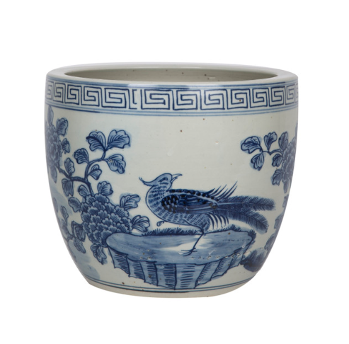 Blue and White Porcelain Pheasant Flower with Greek Key Planter