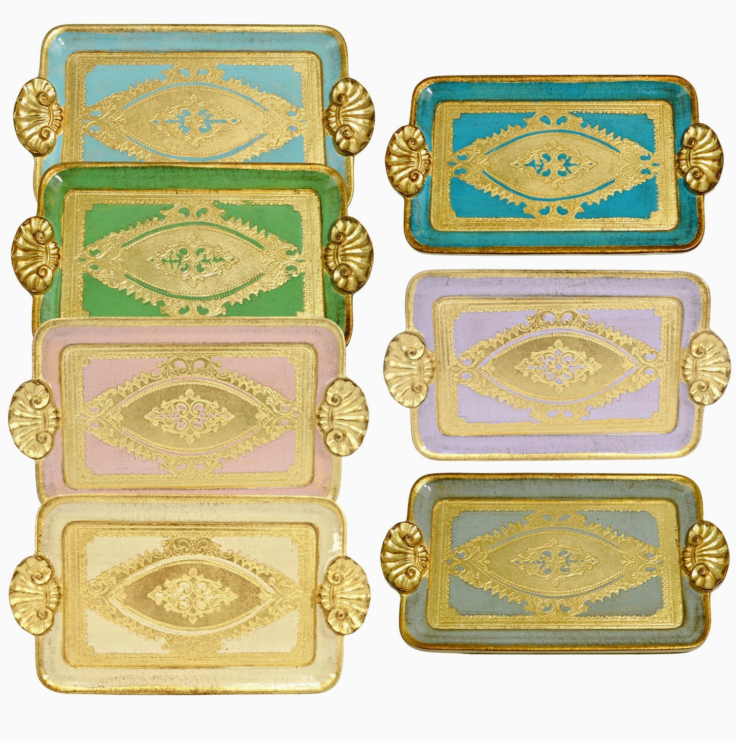 Florentine Carved Wood Rectangle Mini Tray with Shell Handles