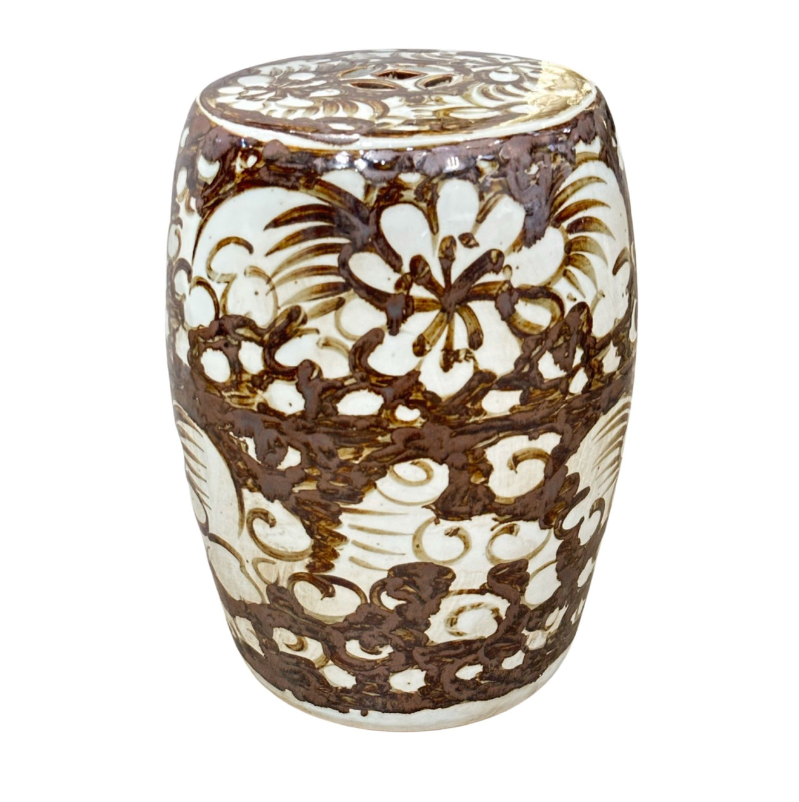 Rustic Brown Porcelain Garden Stool Twist Flower