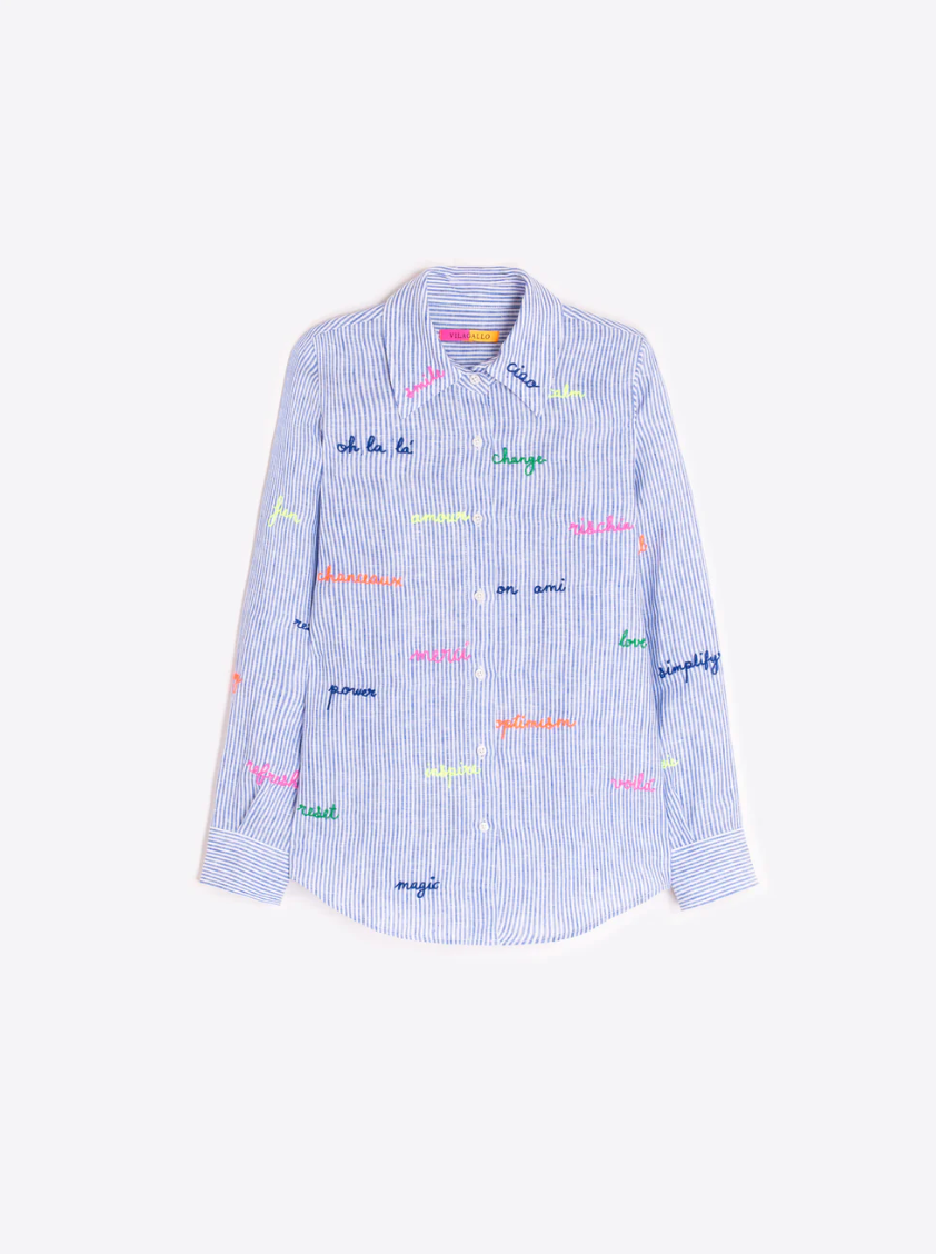 Blue Striped Shirt with Embroidered Words