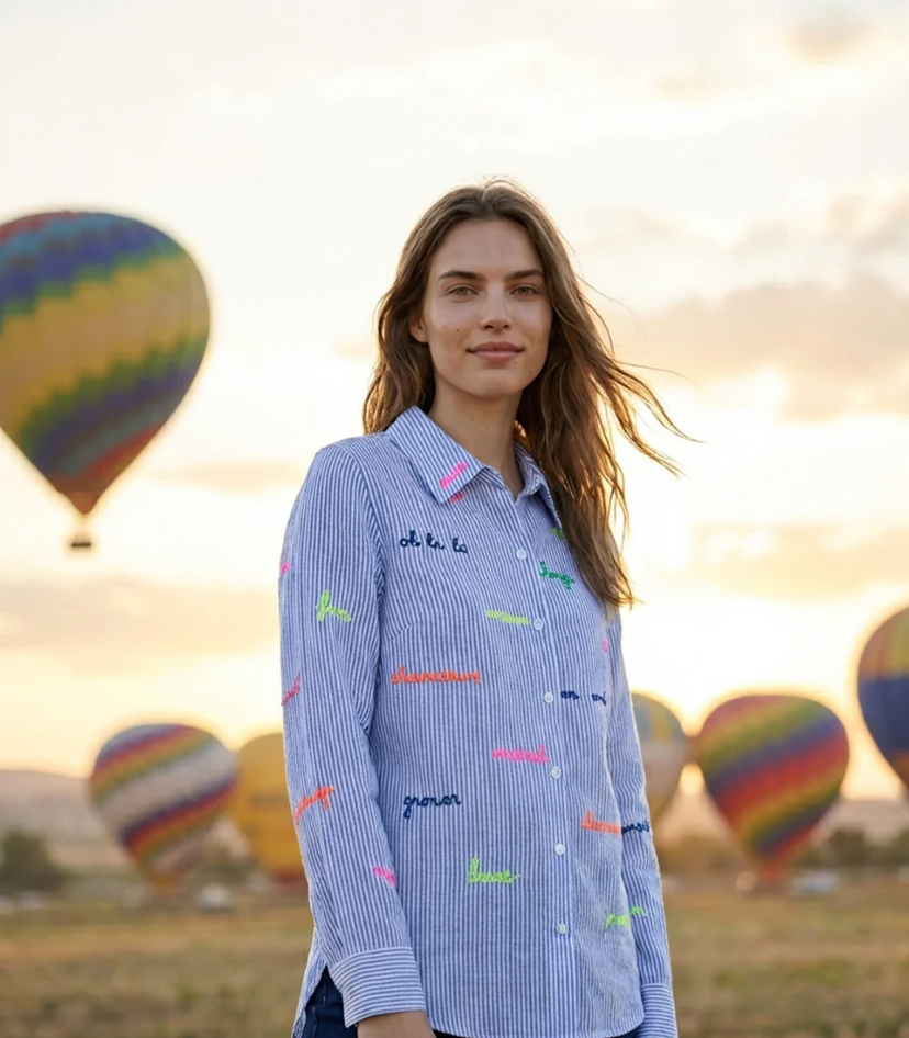 Blue Striped Shirt with Embroidered Words