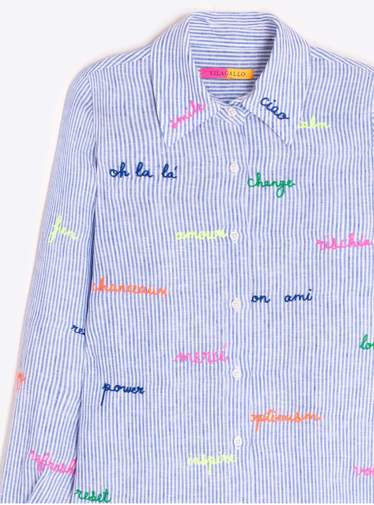 Blue Striped Shirt with Embroidered Words