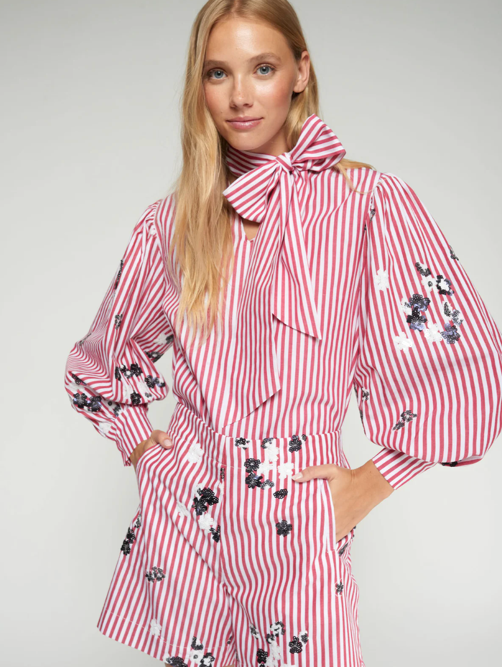 Striped Bow Shirt with Embroidery