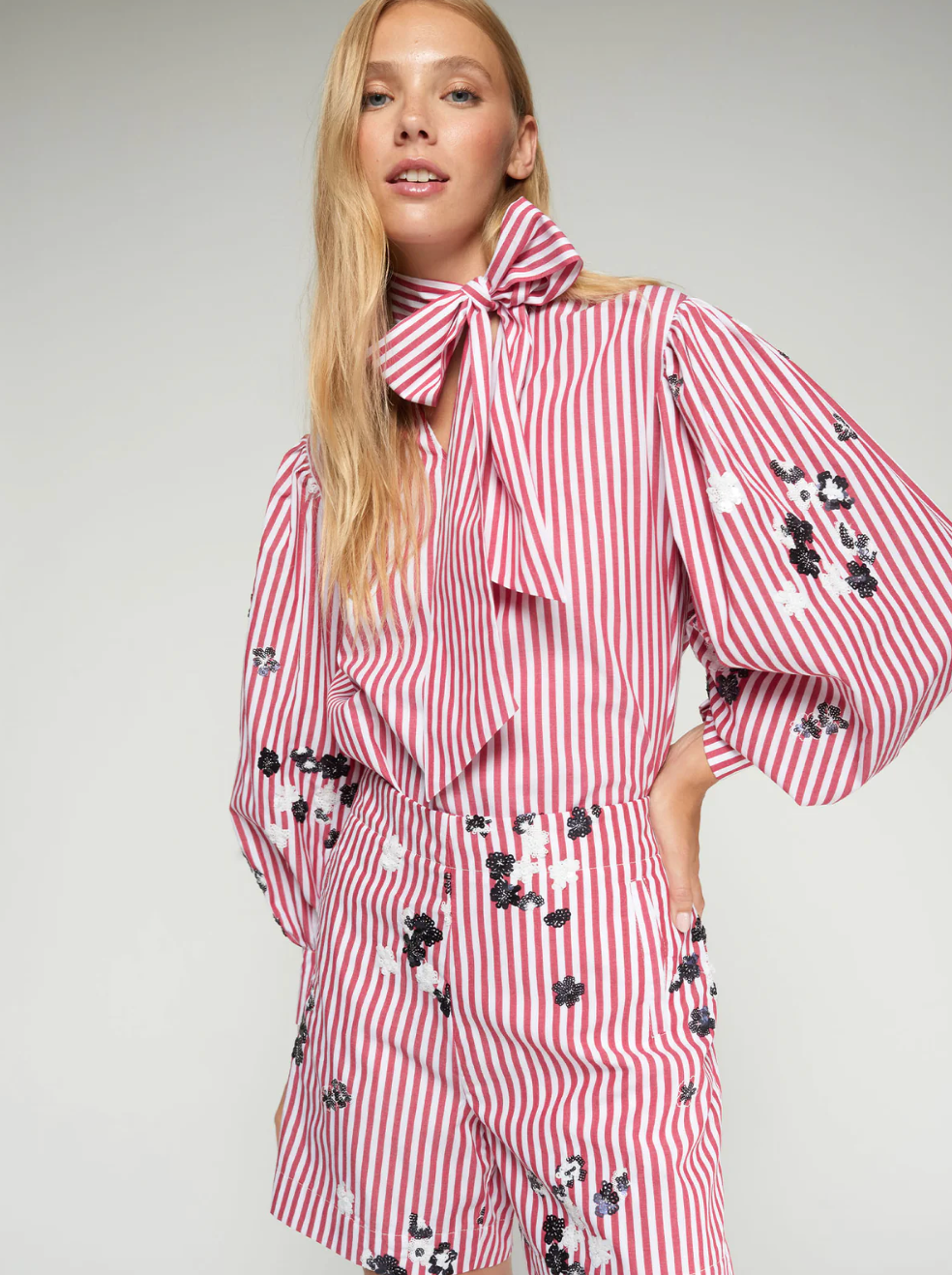 Striped Bow Shirt with Embroidery