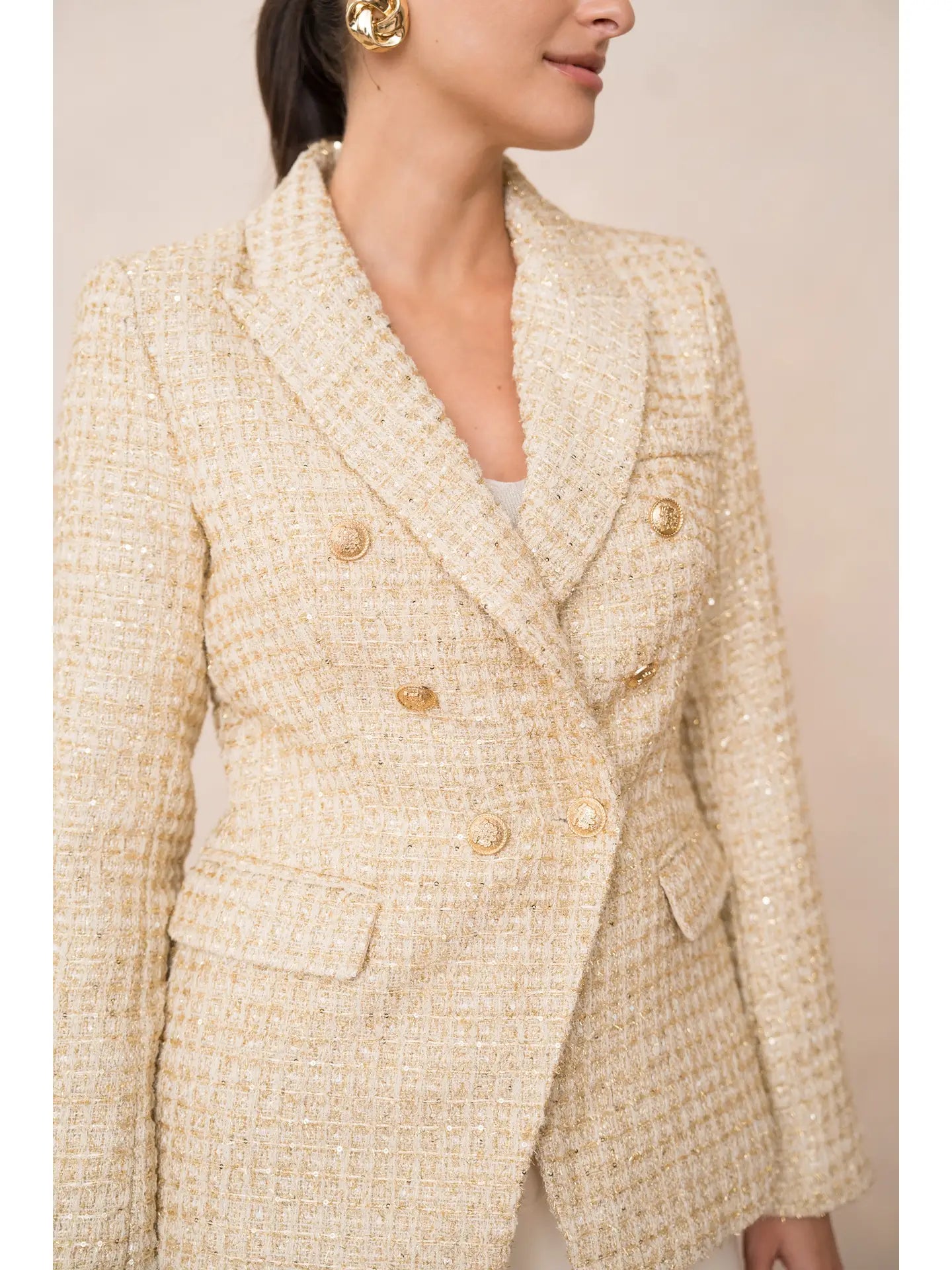 Gold Tweed & Sequins Double-Breasted Blazer