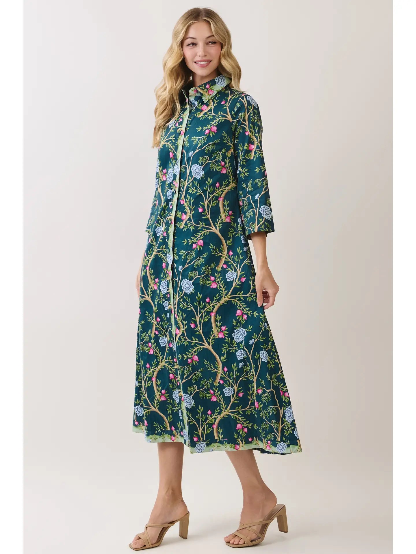 Botanical Print Button Front Midi Dress