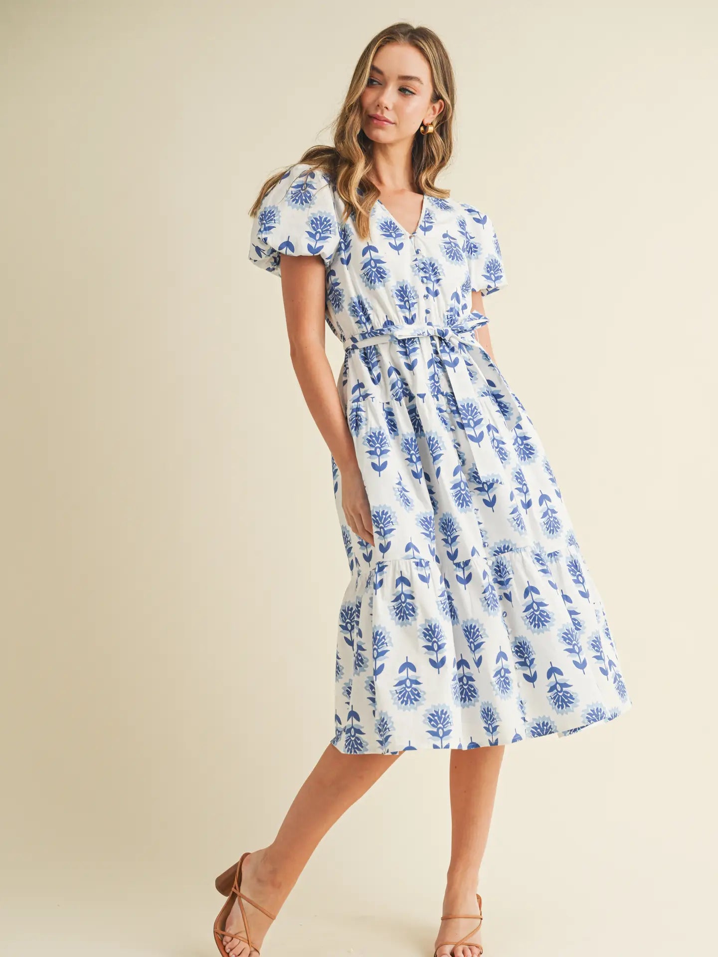 Floral Print Puff Sleeves Tiered Skirt Midi Dress