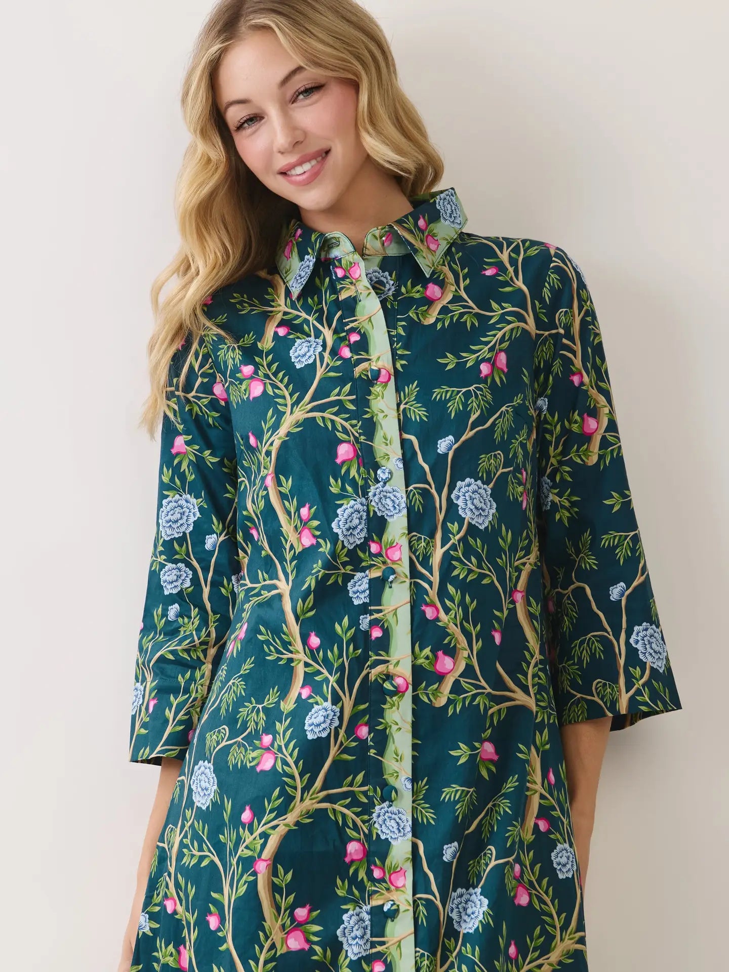 Botanical Print Button Front Midi Dress