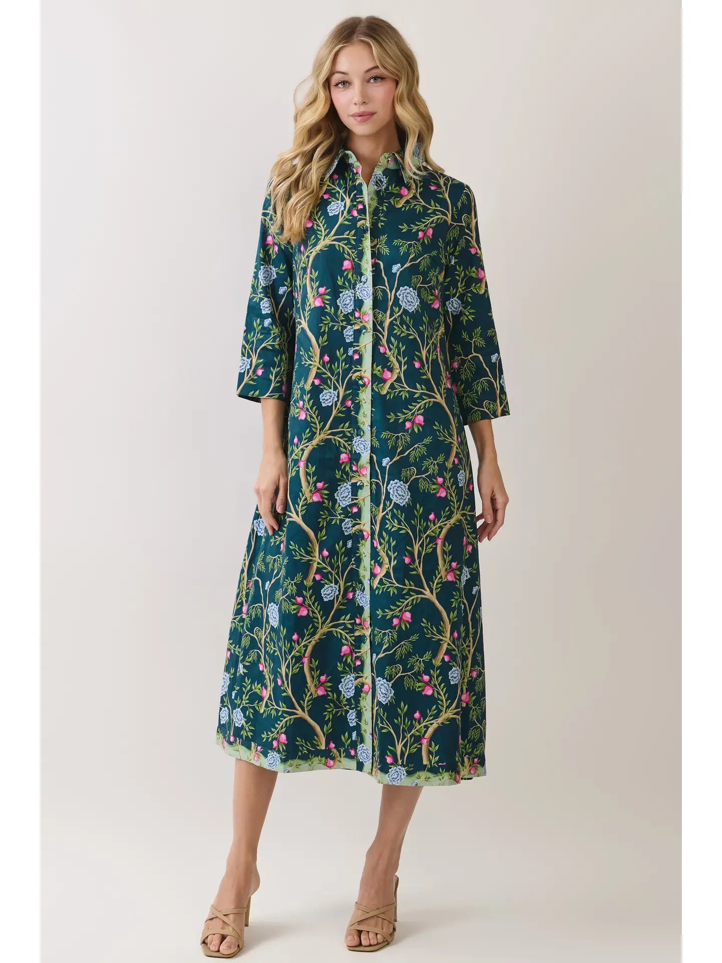 Botanical Print Button Front Midi Dress
