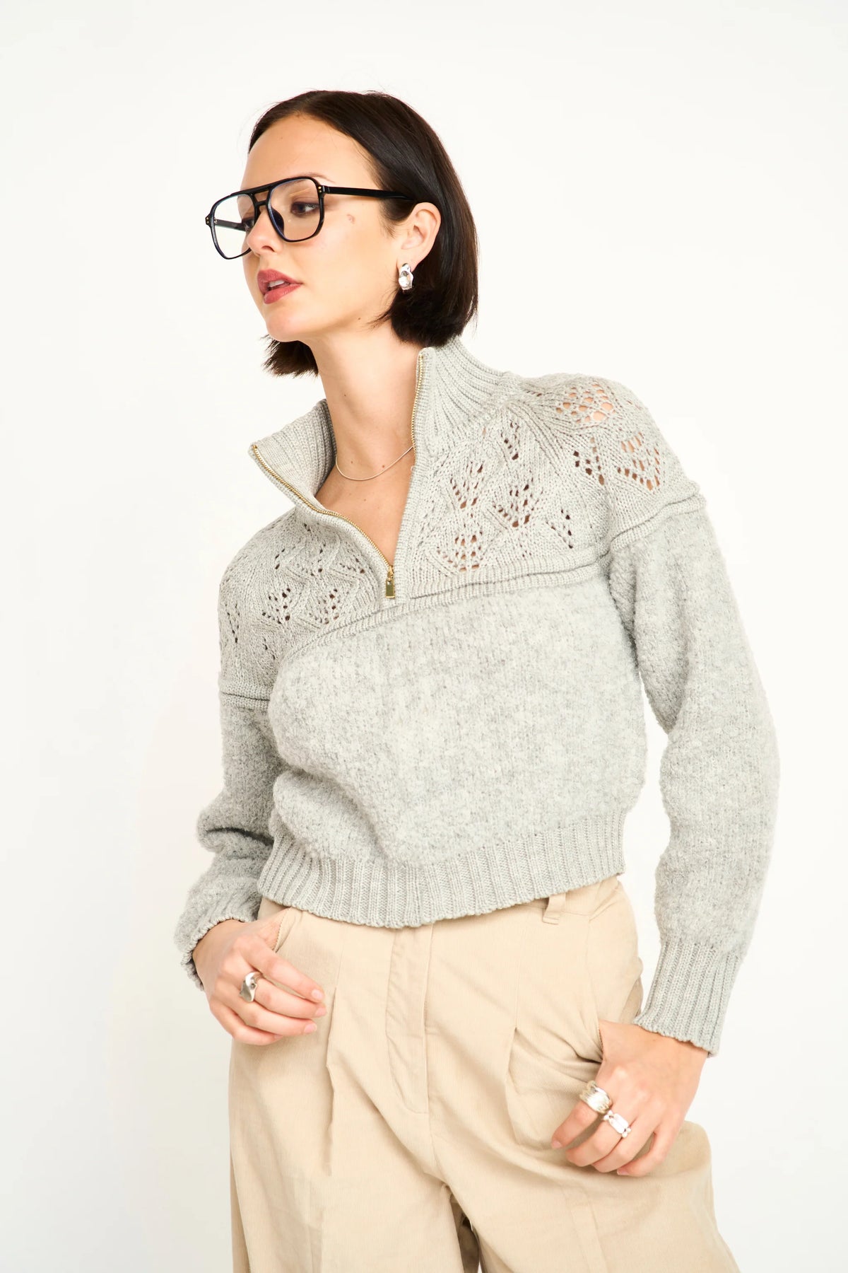 Klosters Pointelle Knit Half Zip in Feather