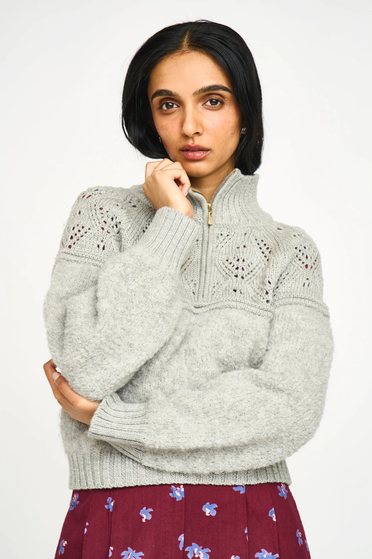 Klosters Pointelle Knit Half Zip in Feather