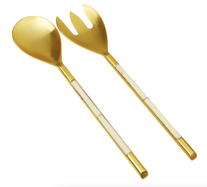 Gold Stainless Steel Salad Servers With White Handle