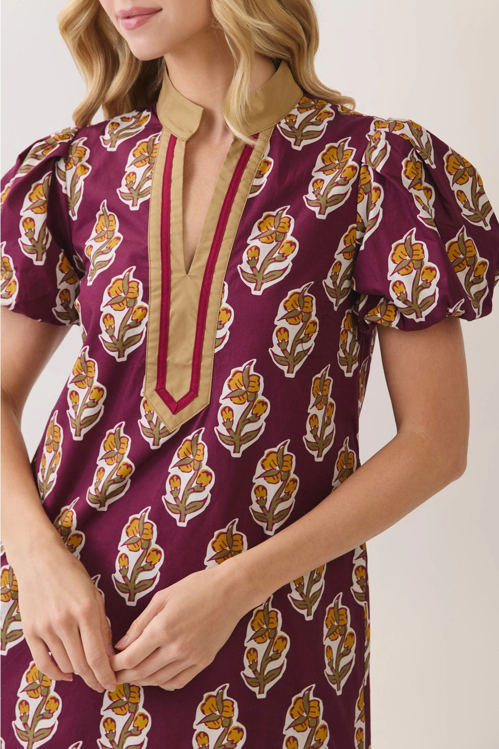 Floral Border Print Puff Sleeve Mini Dress