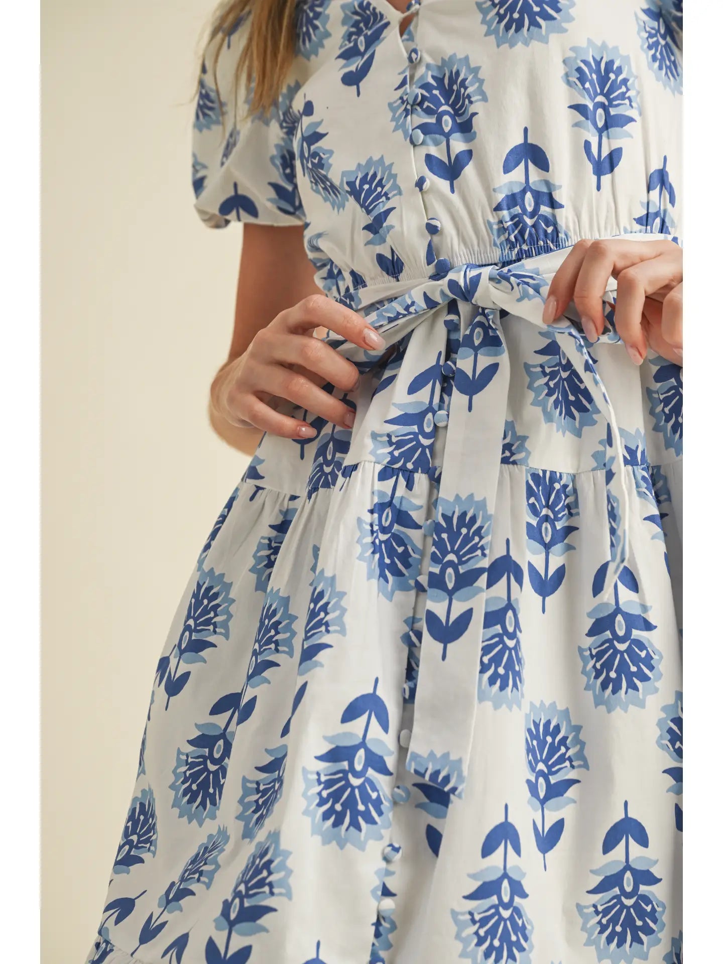 Floral Print Puff Sleeves Tiered Skirt Midi Dress