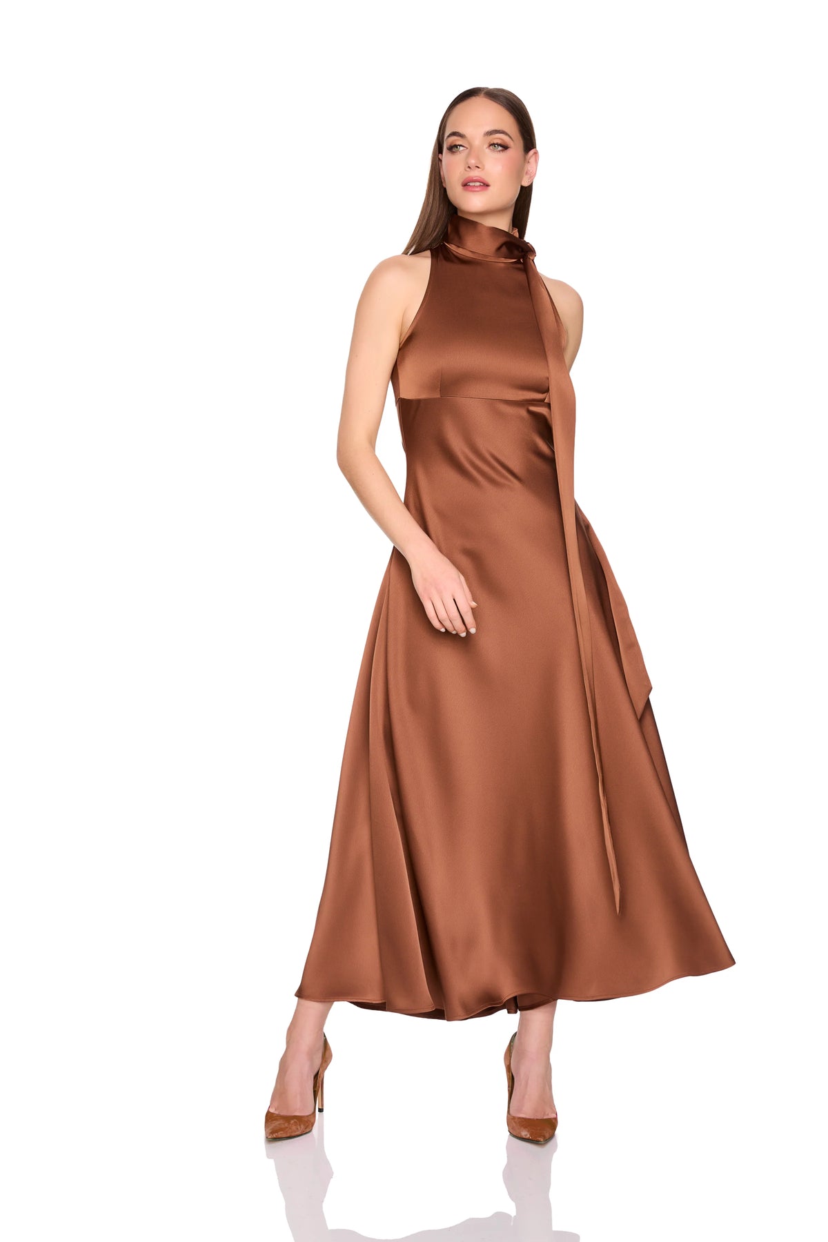 Satin Mock Neck With Long Tie Dress