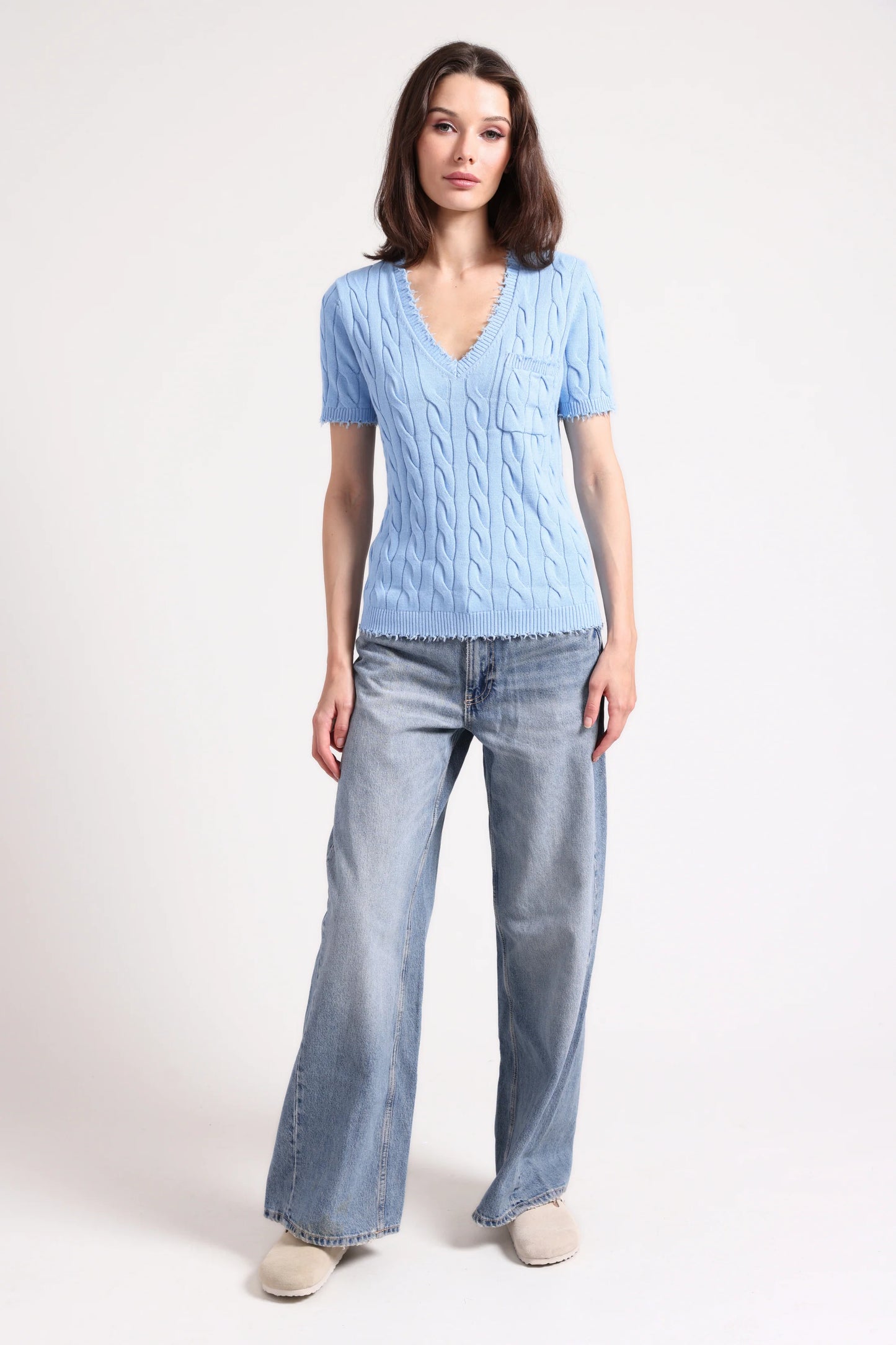 Cotton Frayed Cable V Neck Tee with Pocket