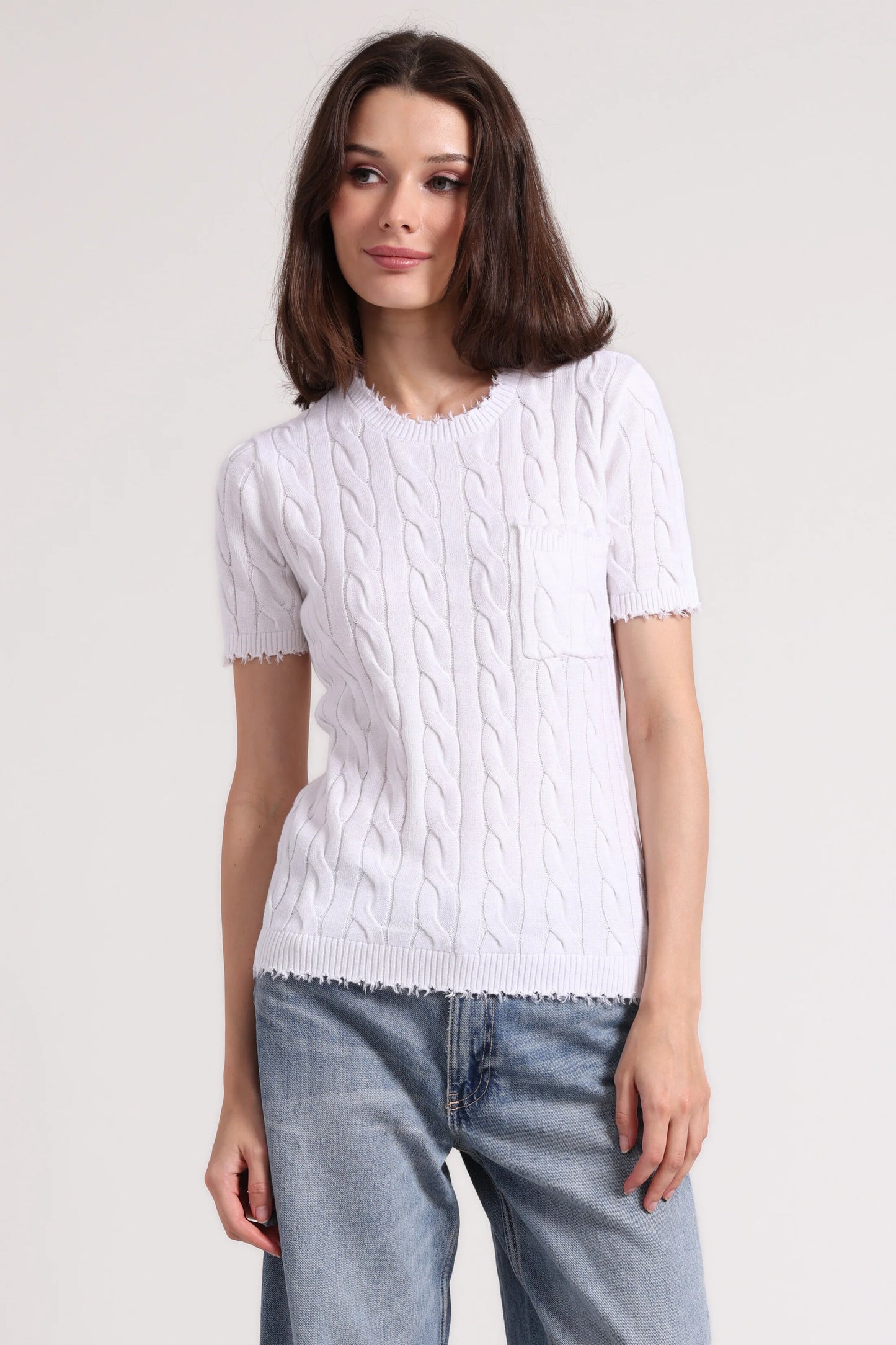 Cotton Frayed Cable Short Sleeve Tee with Pocket