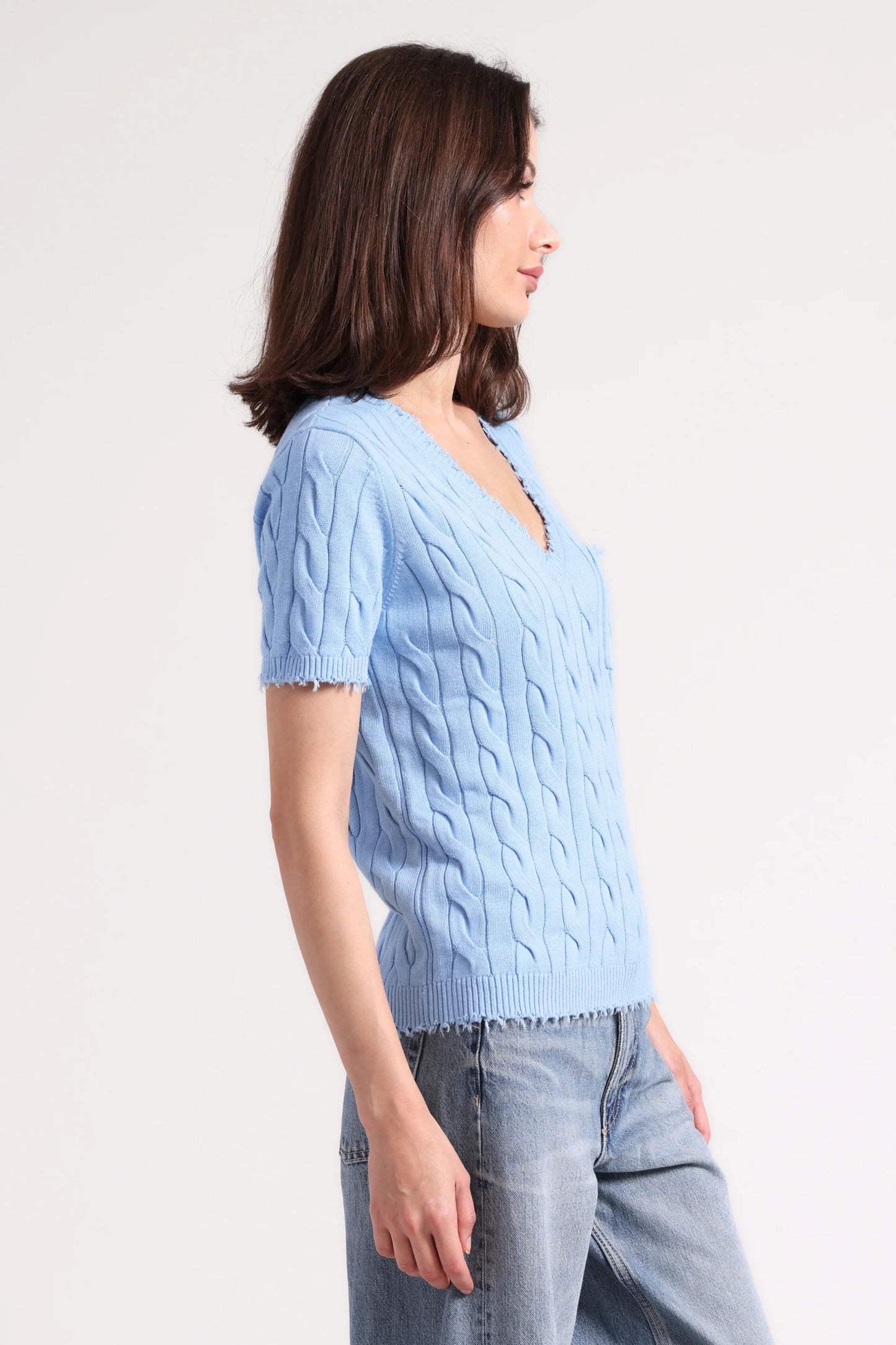 Cotton Frayed Cable V Neck Tee with Pocket