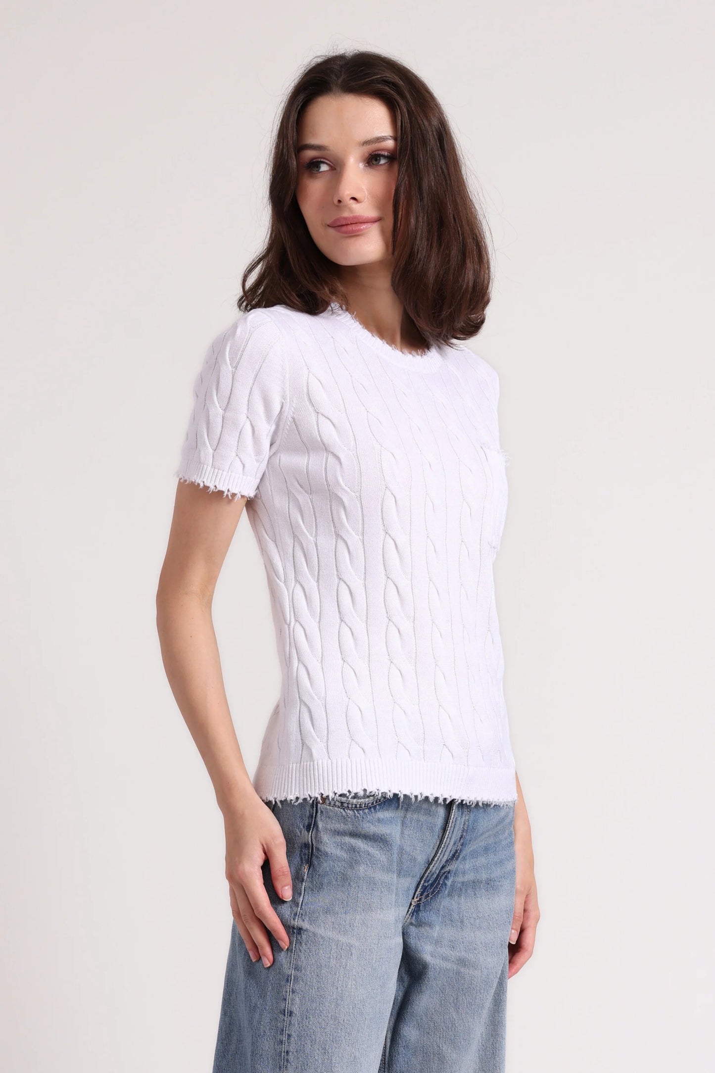 Cotton Frayed Cable Short Sleeve Tee with Pocket